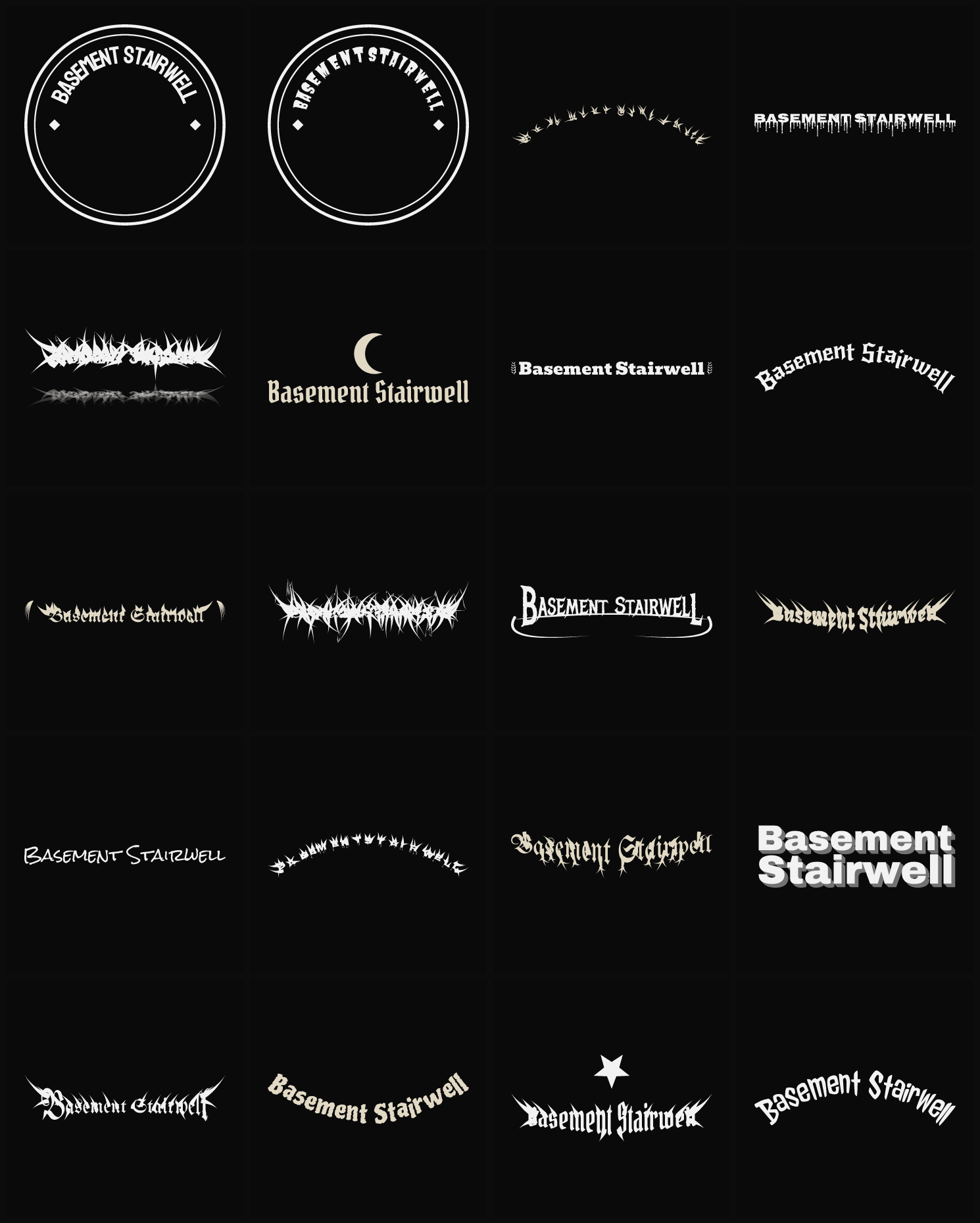Twenty Basement Stairwell band logo ideas — different faces, treatments and spike settings