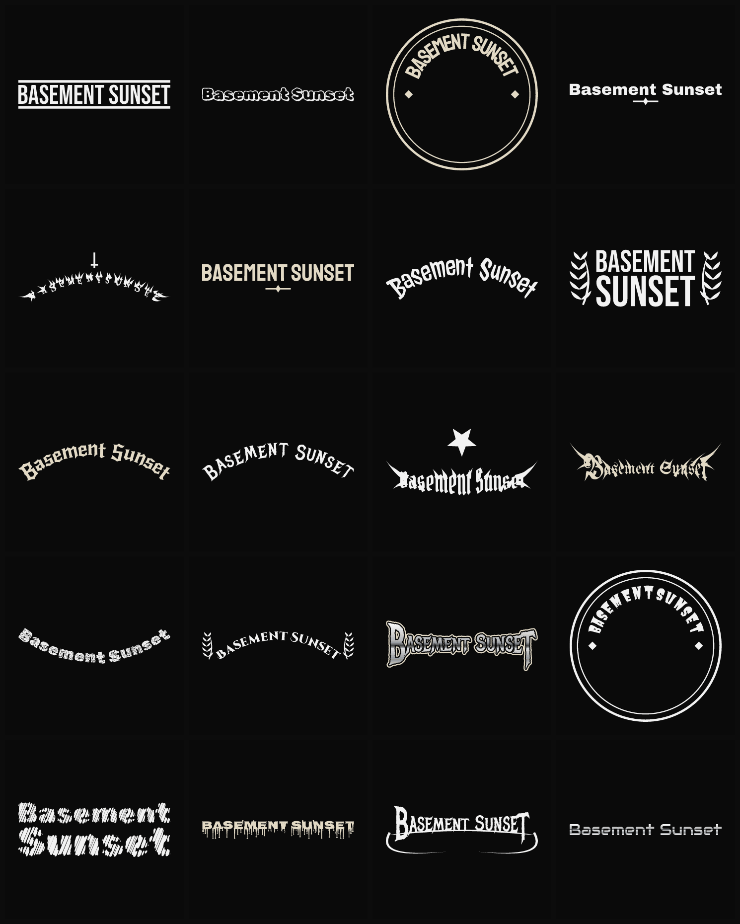 Twenty Basement Sunset band logo ideas — different faces, treatments and spike settings
