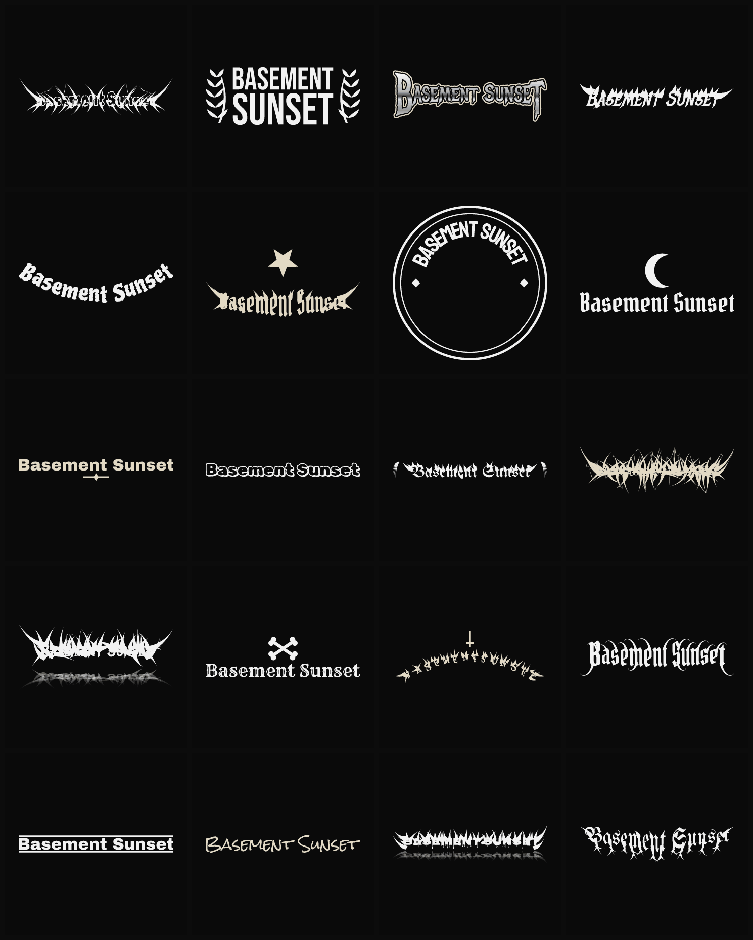 Twenty Basement Sunset band logo ideas — different faces, treatments and spike settings