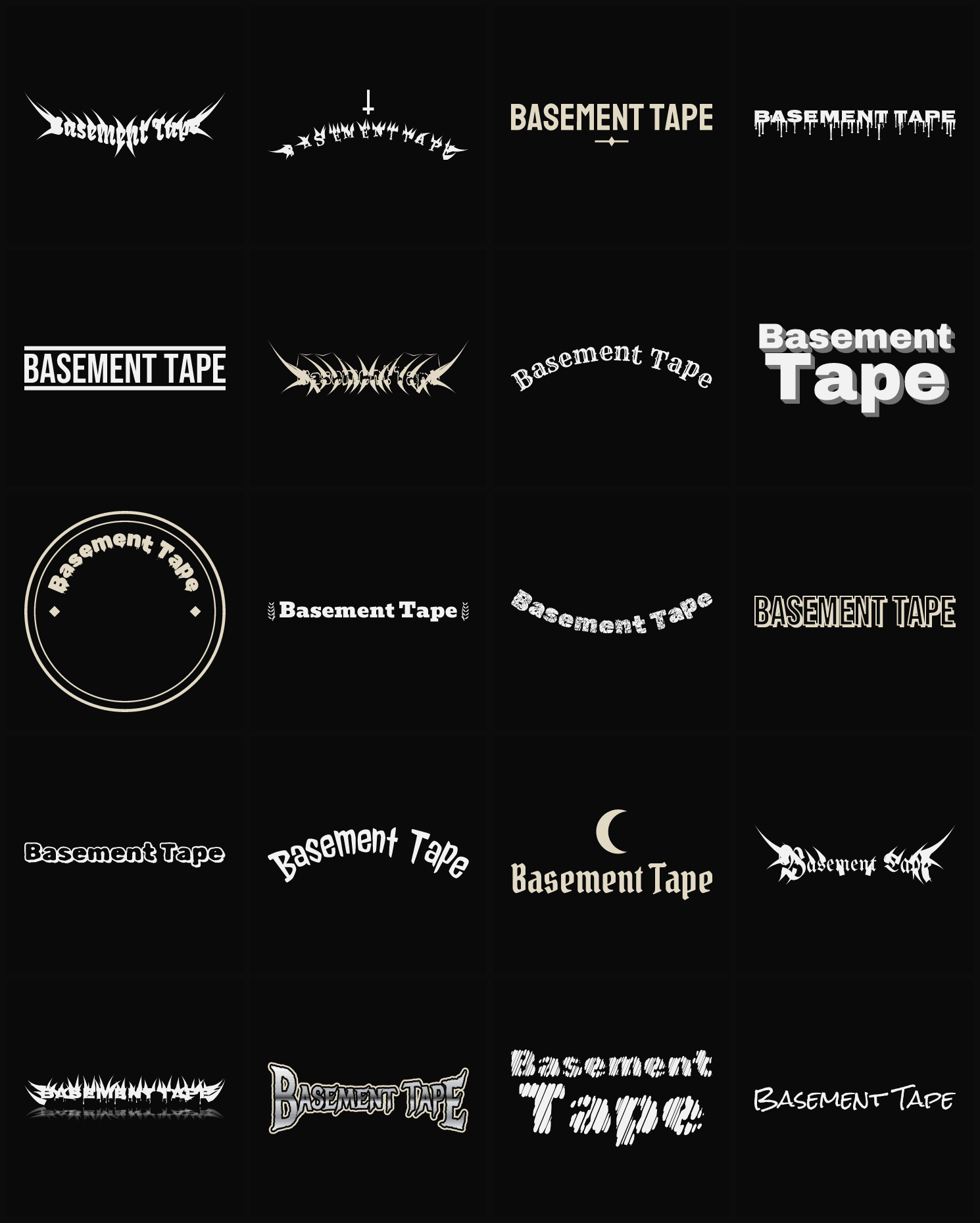 Twenty Basement Tape band logo ideas — different faces, treatments and spike settings