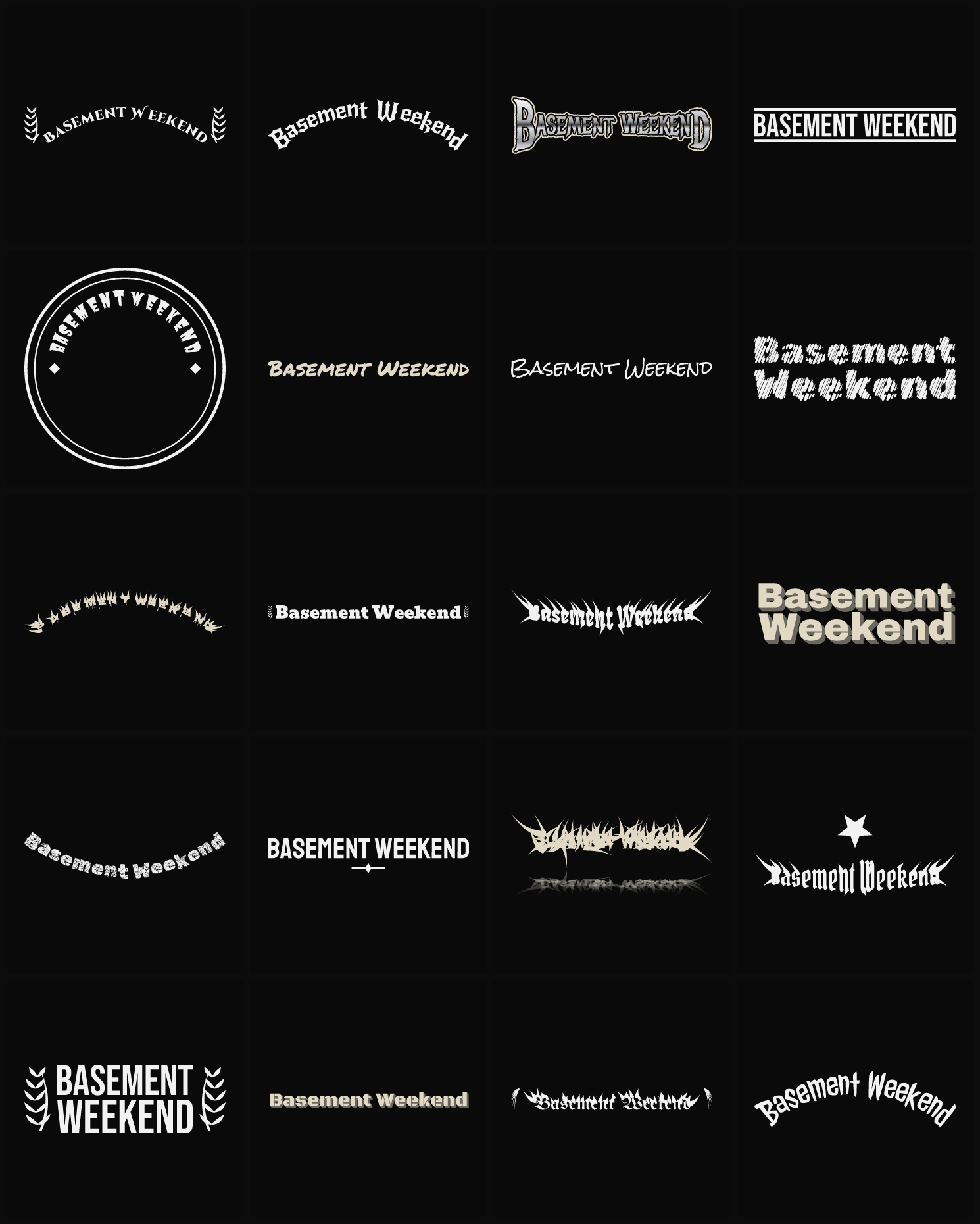 Twenty Basement Weekend band logo ideas — different faces, treatments and spike settings