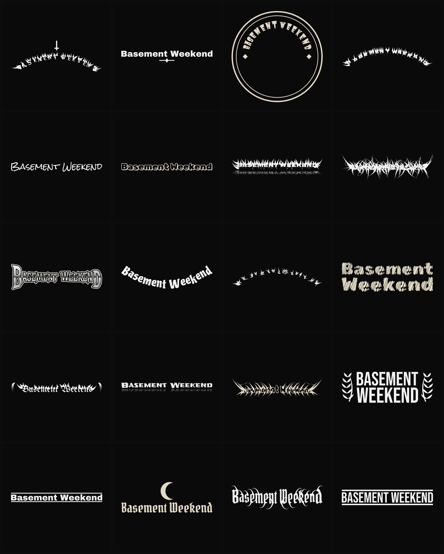 Twenty Basement Weekend band logo ideas — different faces, treatments and spike settings