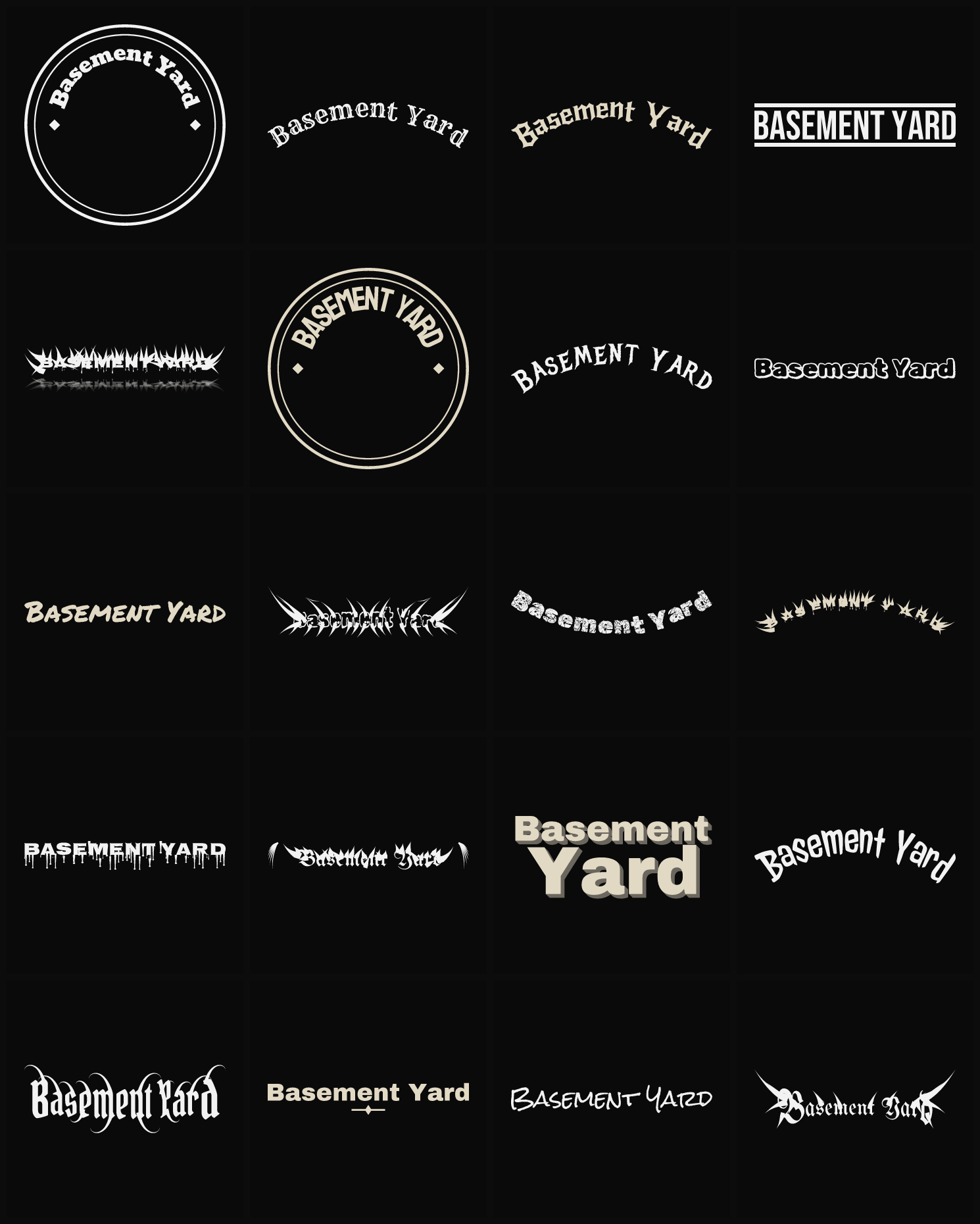 Twenty Basement Yard band logo ideas — different faces, treatments and spike settings