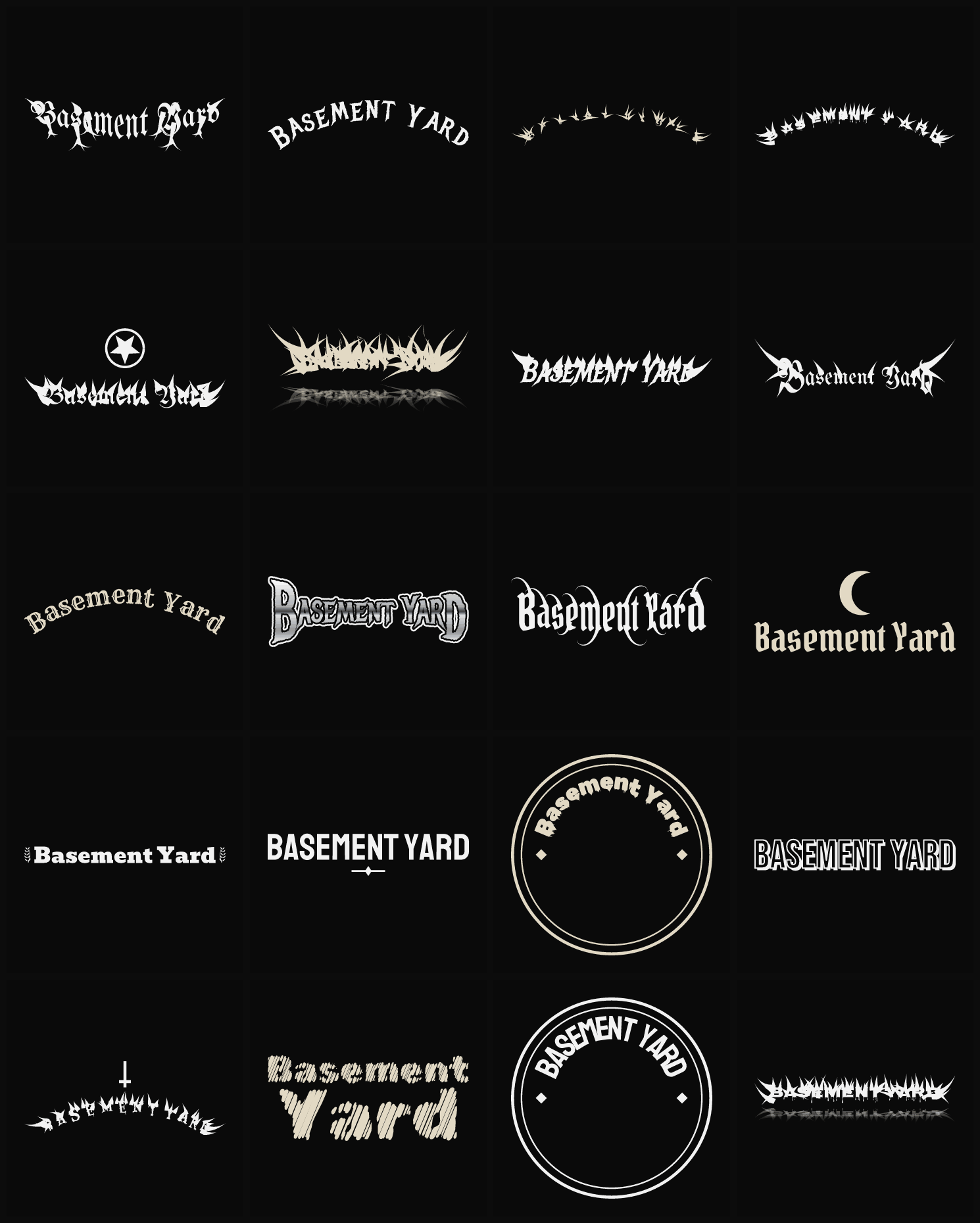 Twenty Basement Yard band logo ideas — different faces, treatments and spike settings