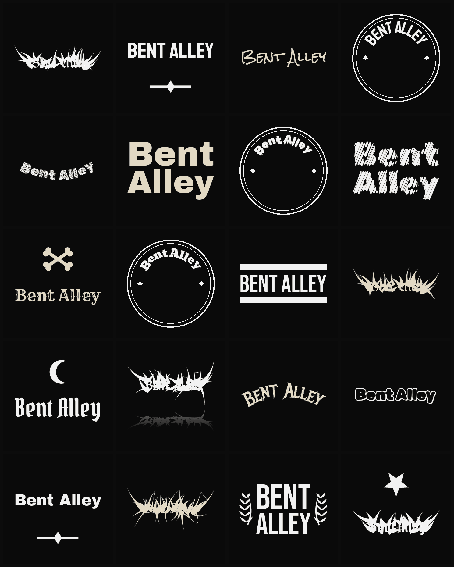 Twenty Bent Alley band logo ideas — different faces, treatments and spike settings