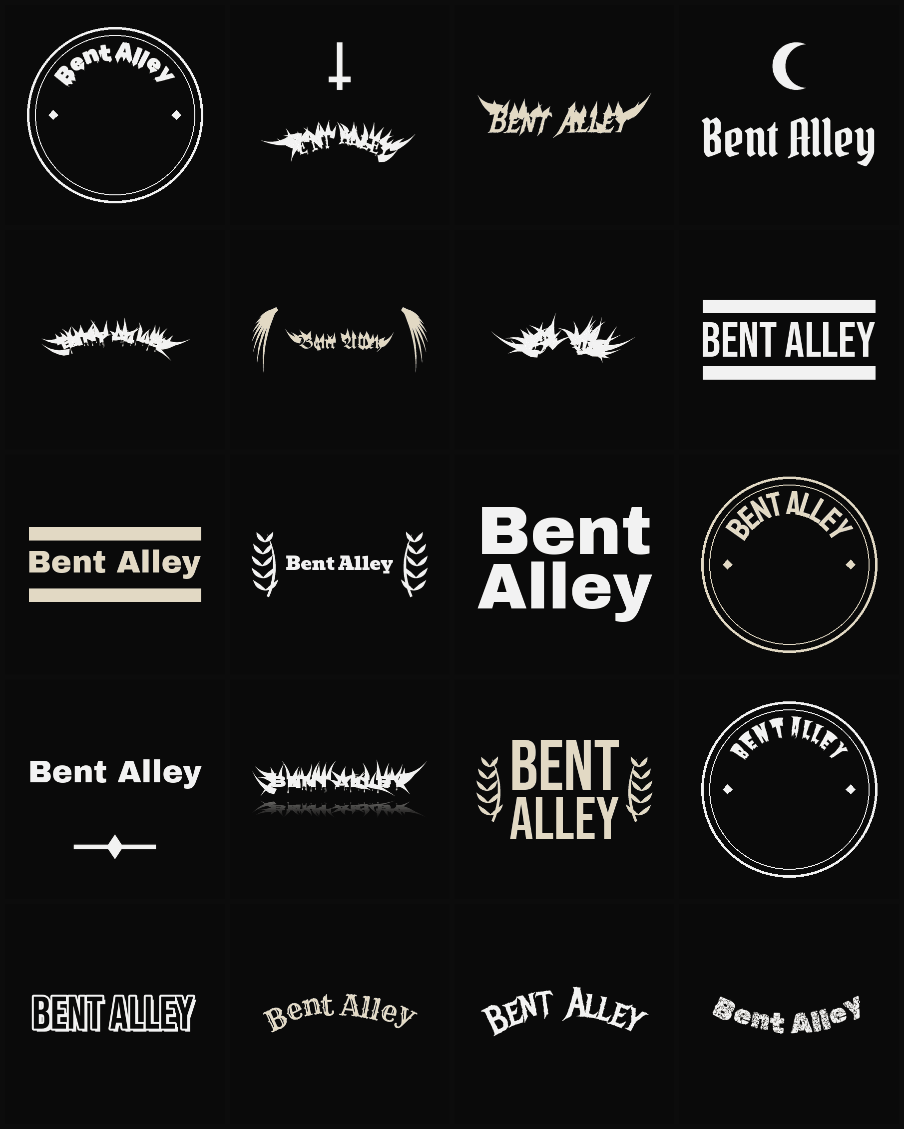 Twenty Bent Alley band logo ideas — different faces, treatments and spike settings