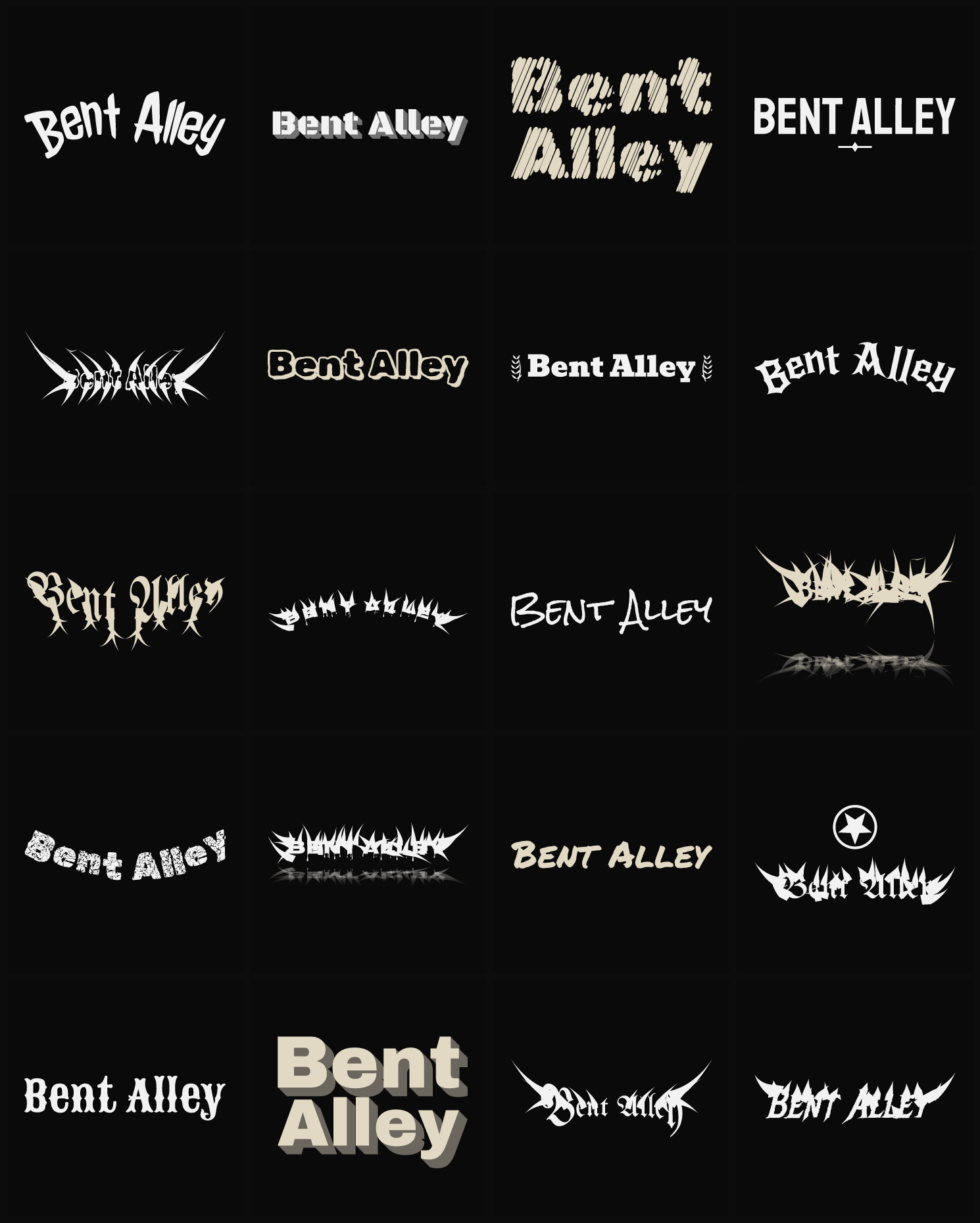 Twenty Bent Alley band logo ideas — different faces, treatments and spike settings