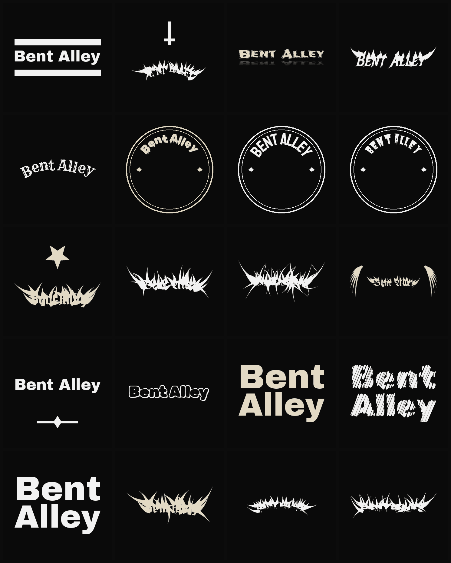 Twenty Bent Alley band logo ideas — different faces, treatments and spike settings
