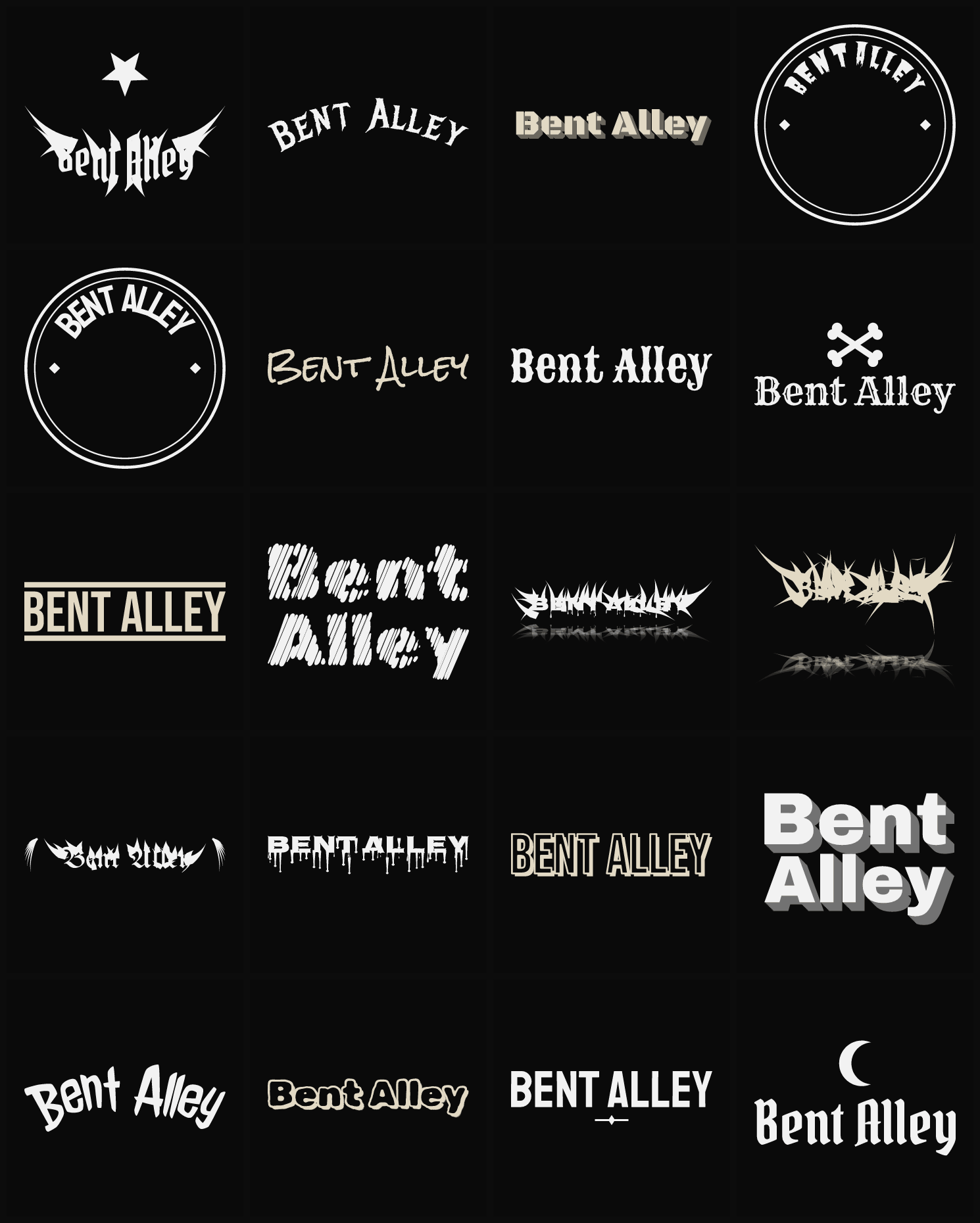 Twenty Bent Alley band logo ideas — different faces, treatments and spike settings