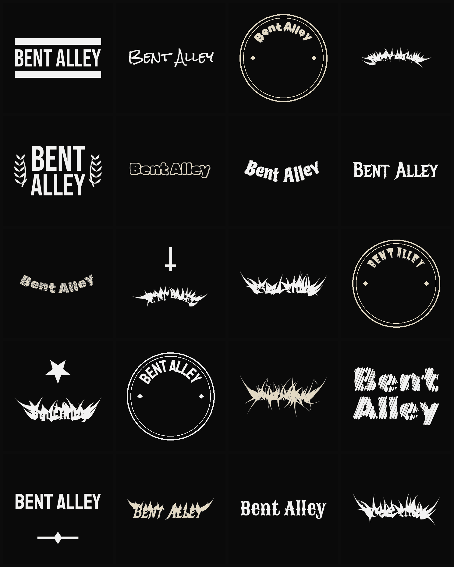 Twenty Bent Alley band logo ideas — different faces, treatments and spike settings