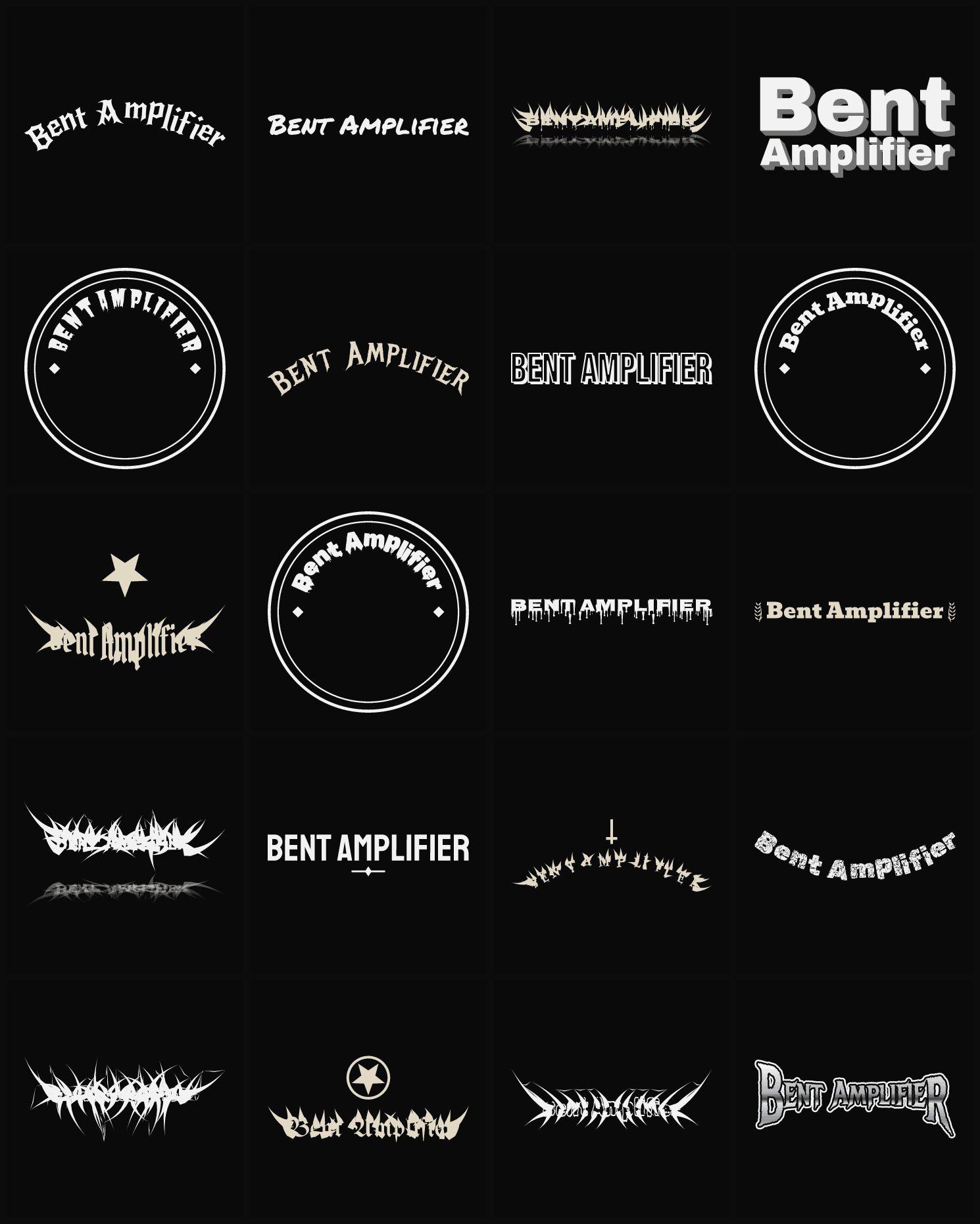Twenty Bent Amplifier band logo ideas — different faces, treatments and spike settings