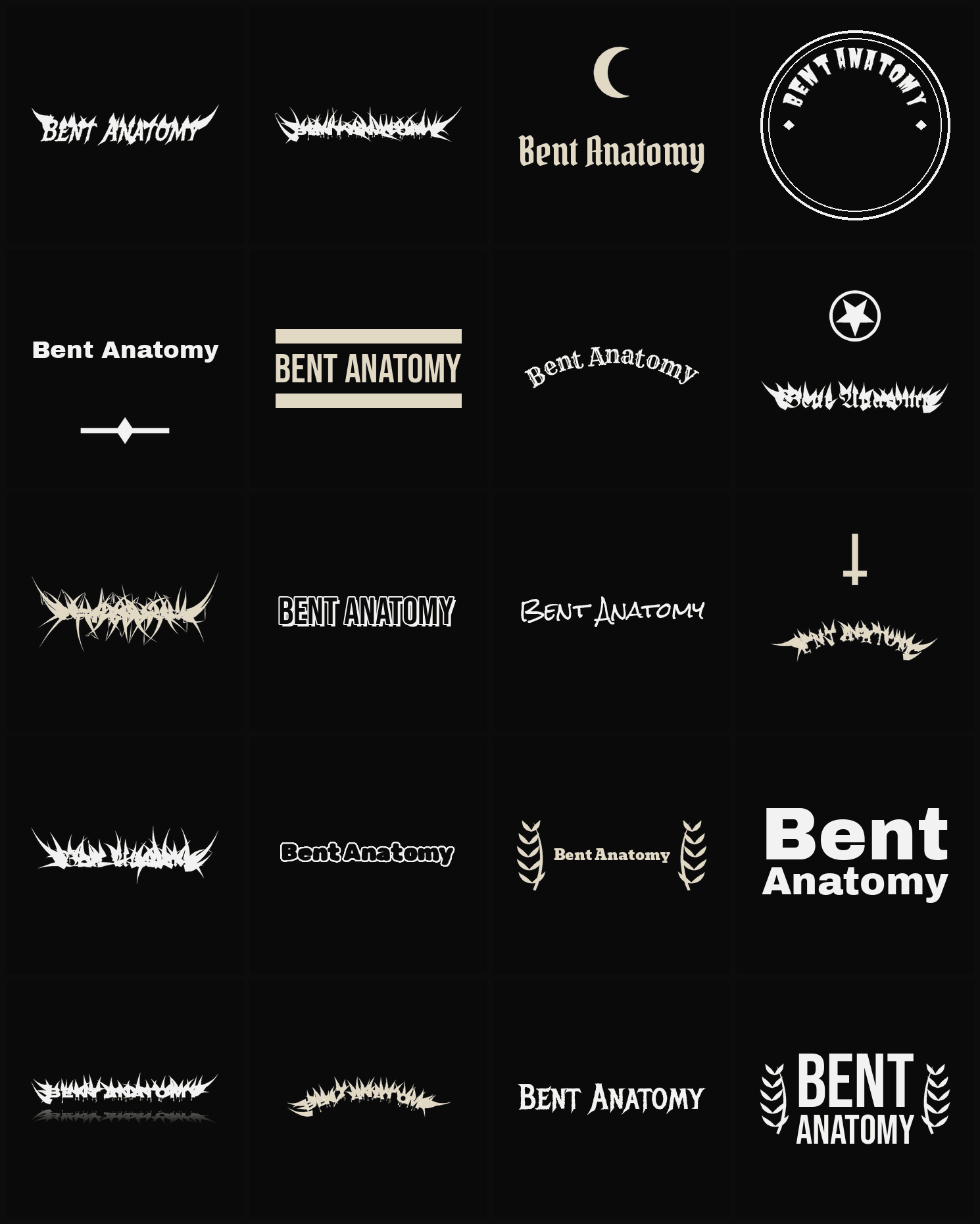 Twenty Bent Anatomy band logo ideas — different faces, treatments and spike settings