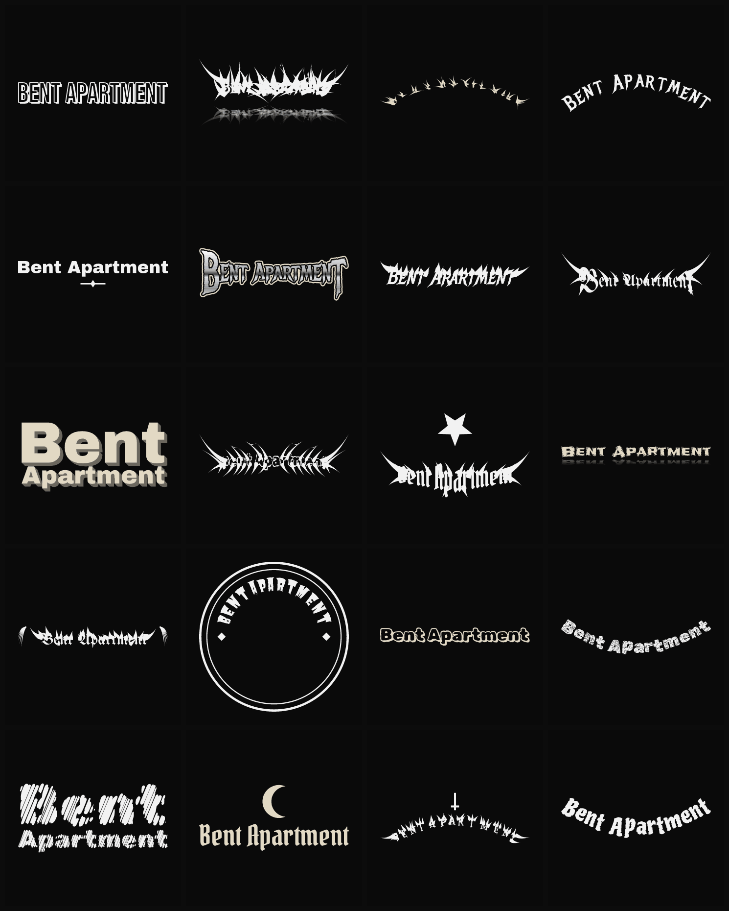 Twenty Bent Apartment band logo ideas — different faces, treatments and spike settings