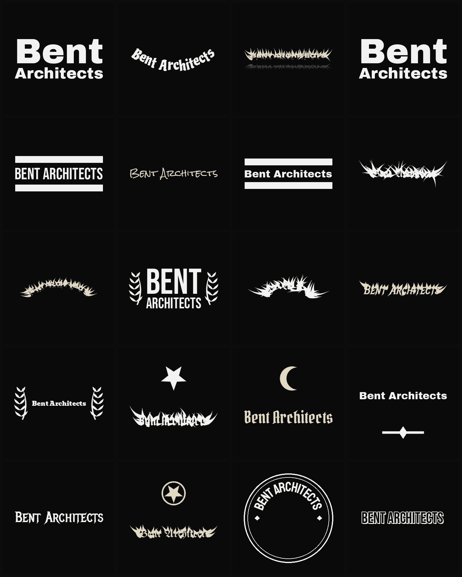 Twenty Bent Architects band logo ideas — different faces, treatments and spike settings