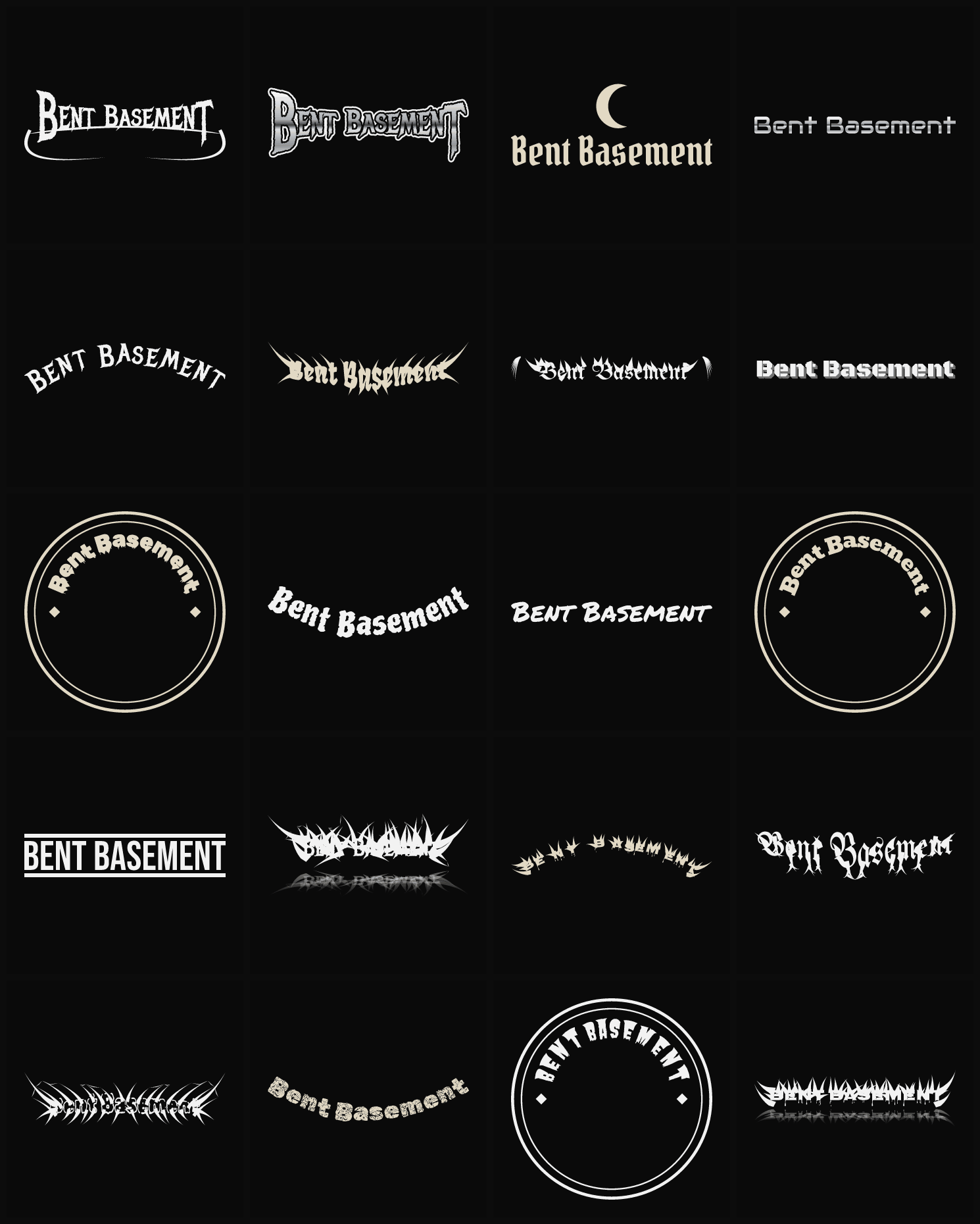 Twenty Bent Basement band logo ideas — different faces, treatments and spike settings