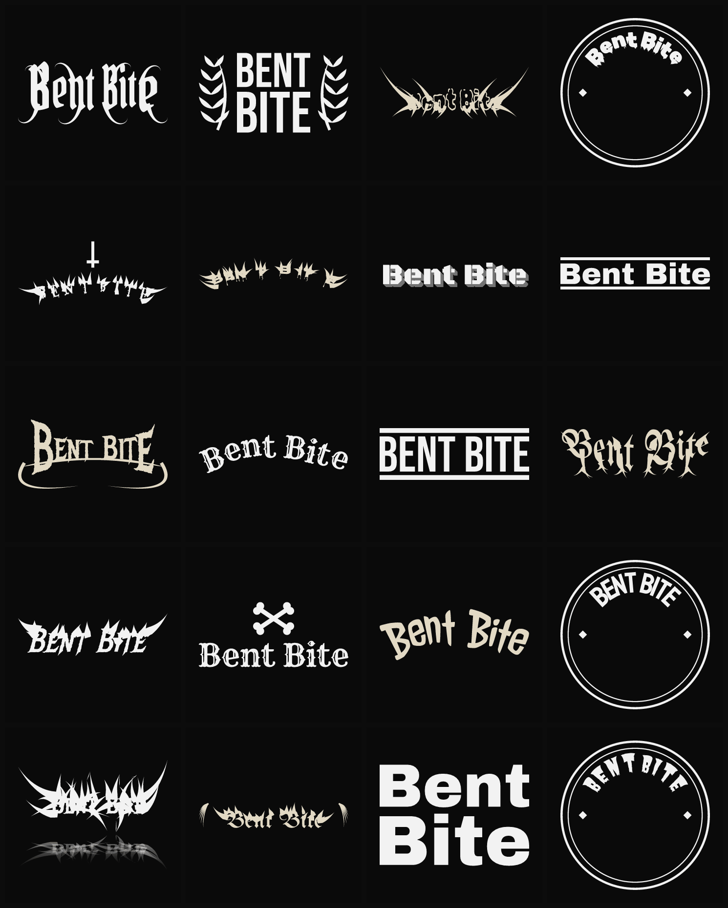 Twenty Bent Bite band logo ideas — different faces, treatments and spike settings