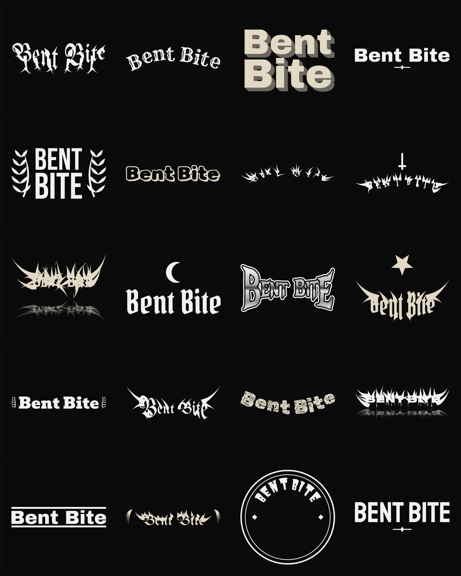 Twenty Bent Bite band logo ideas — different faces, treatments and spike settings