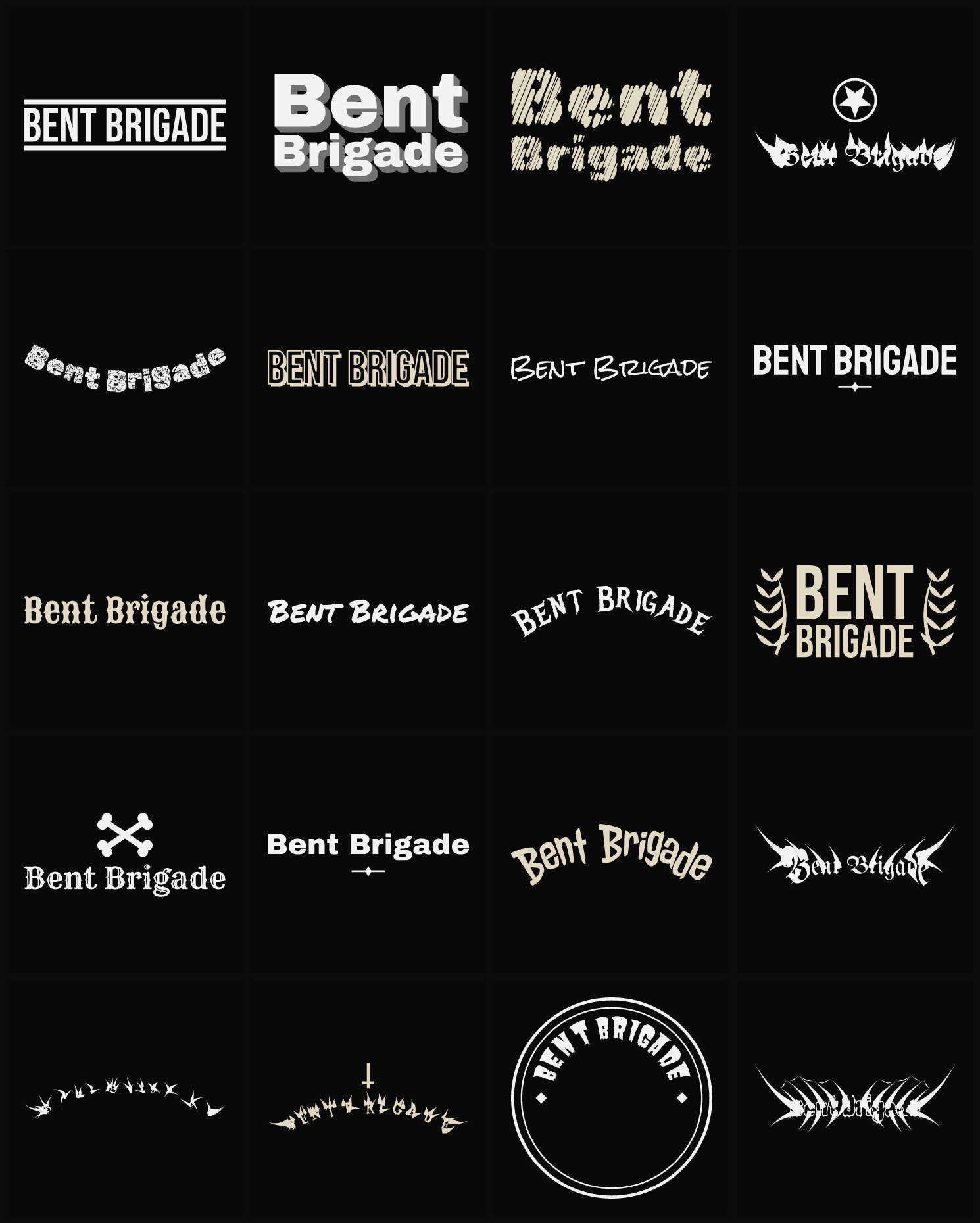 Twenty Bent Brigade band logo ideas — different faces, treatments and spike settings