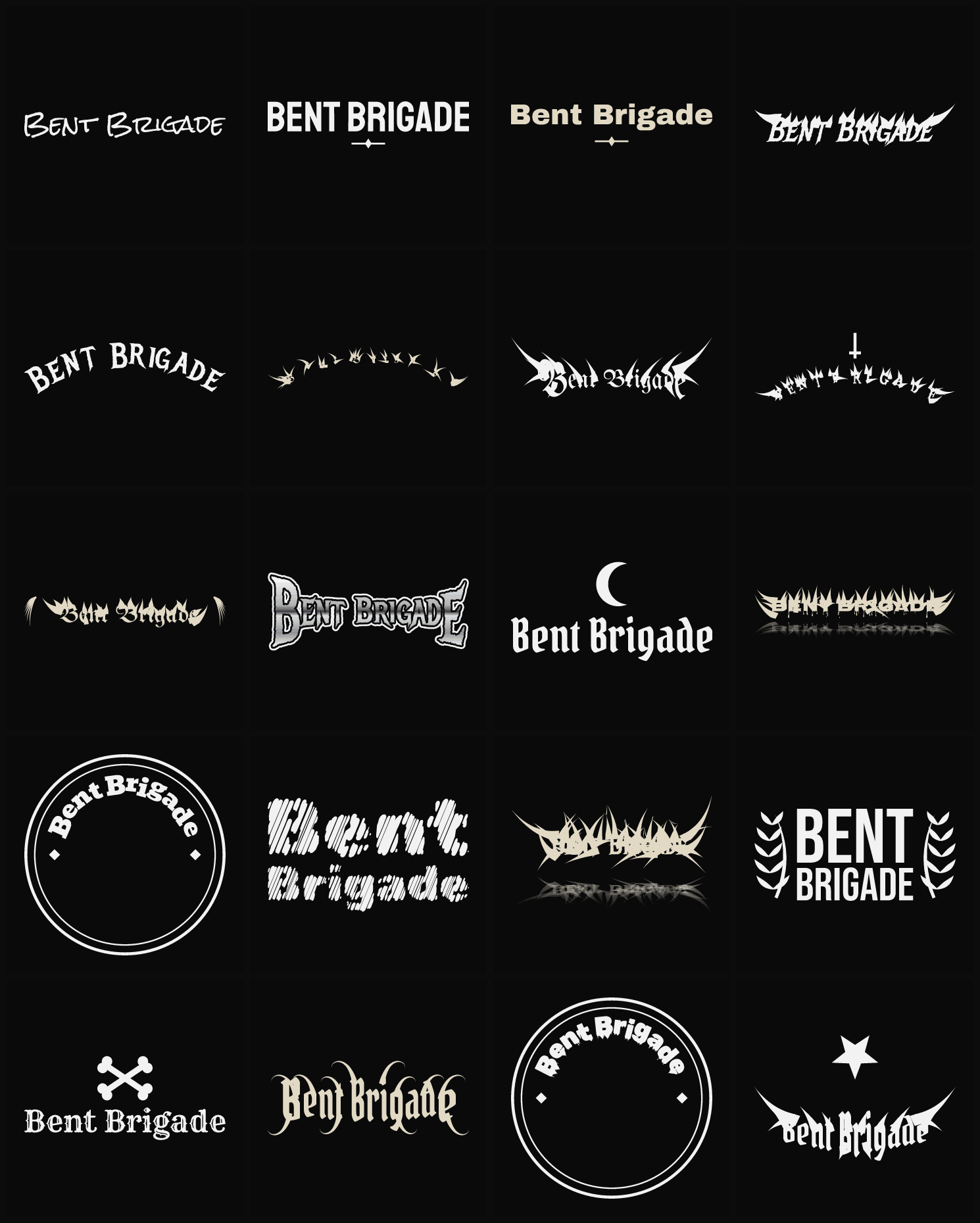 Twenty Bent Brigade band logo ideas — different faces, treatments and spike settings