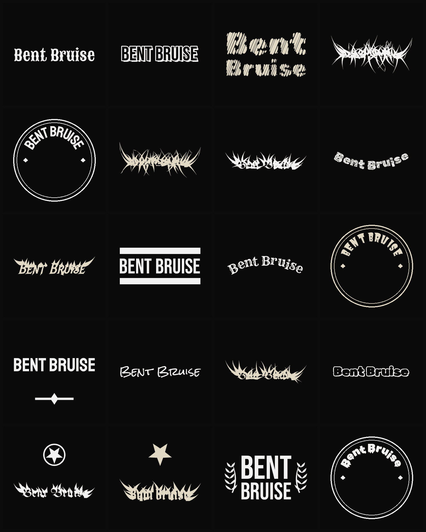 Twenty Bent Bruise band logo ideas — different faces, treatments and spike settings