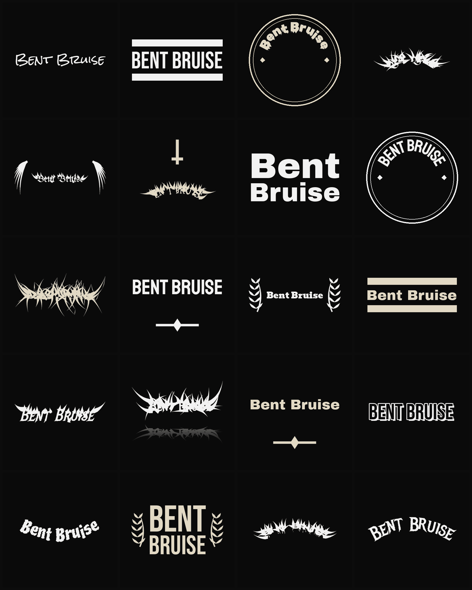 Twenty Bent Bruise band logo ideas — different faces, treatments and spike settings
