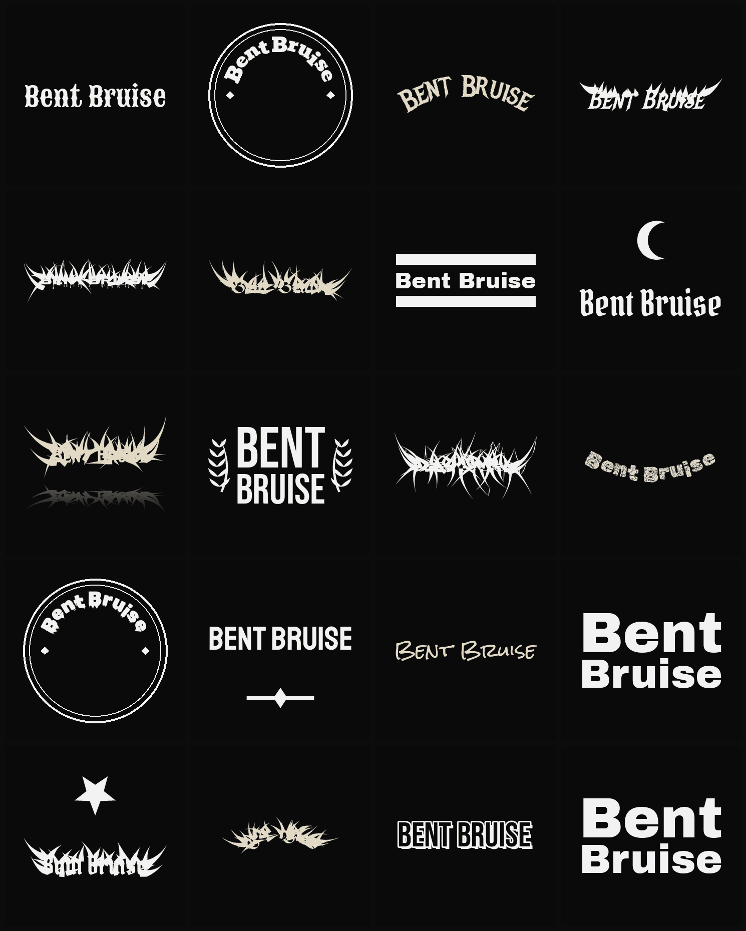 Twenty Bent Bruise band logo ideas — different faces, treatments and spike settings