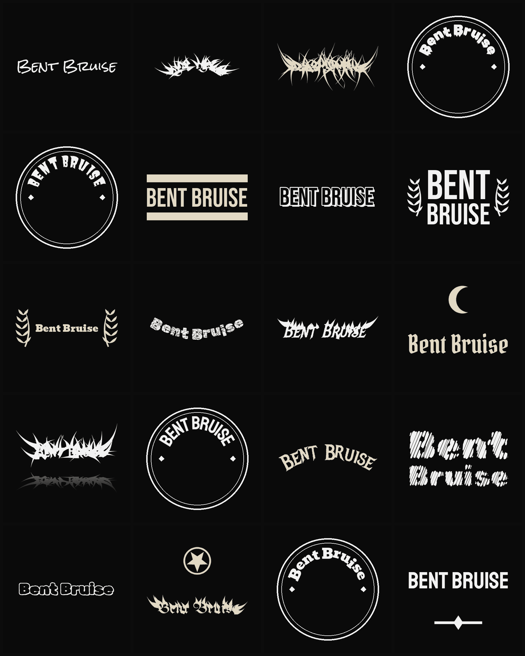 Twenty Bent Bruise band logo ideas — different faces, treatments and spike settings