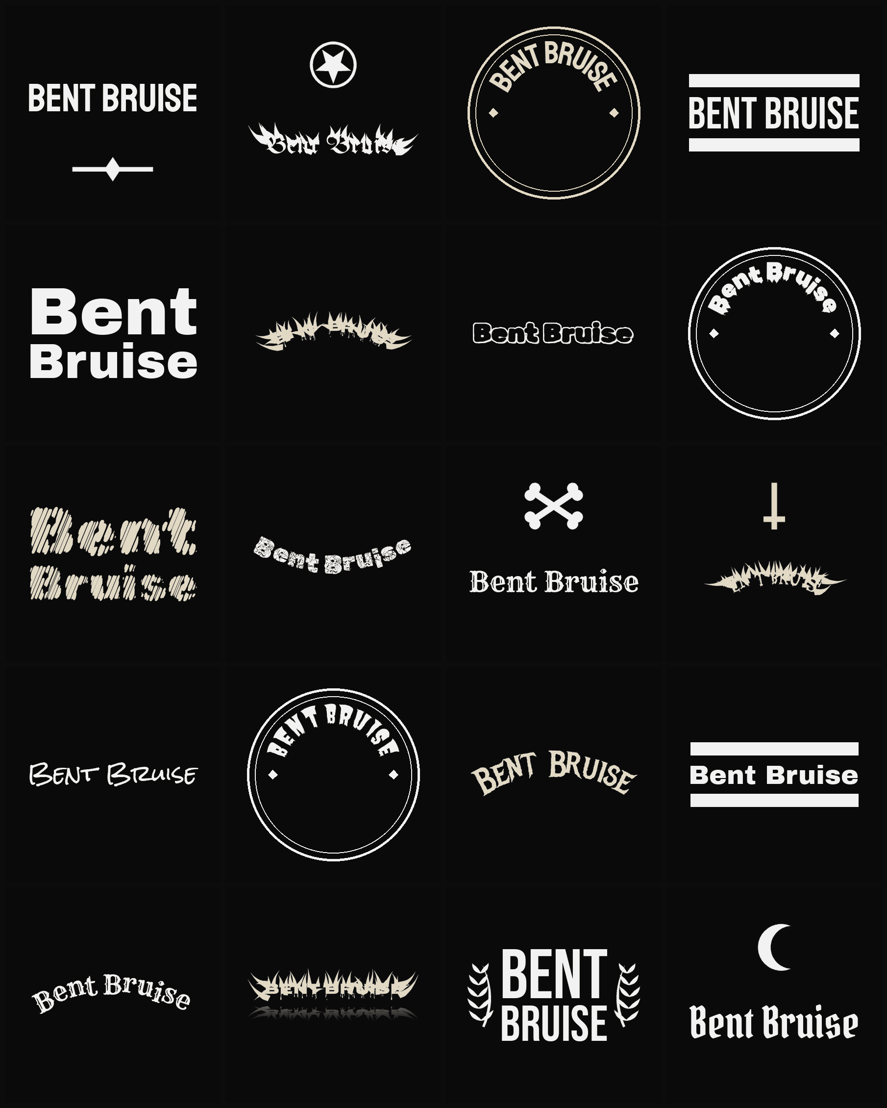 Twenty Bent Bruise band logo ideas — different faces, treatments and spike settings