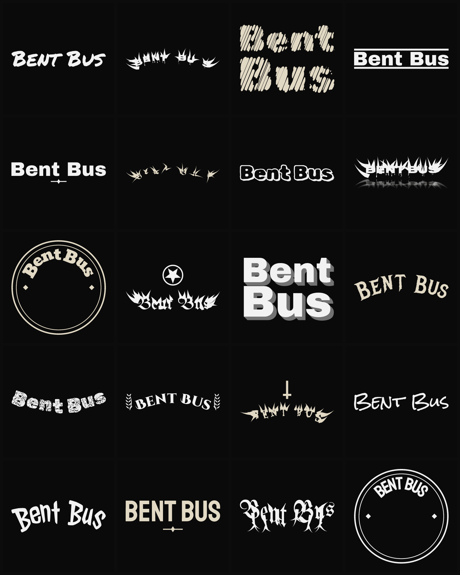 Twenty Bent Bus band logo ideas — different faces, treatments and spike settings