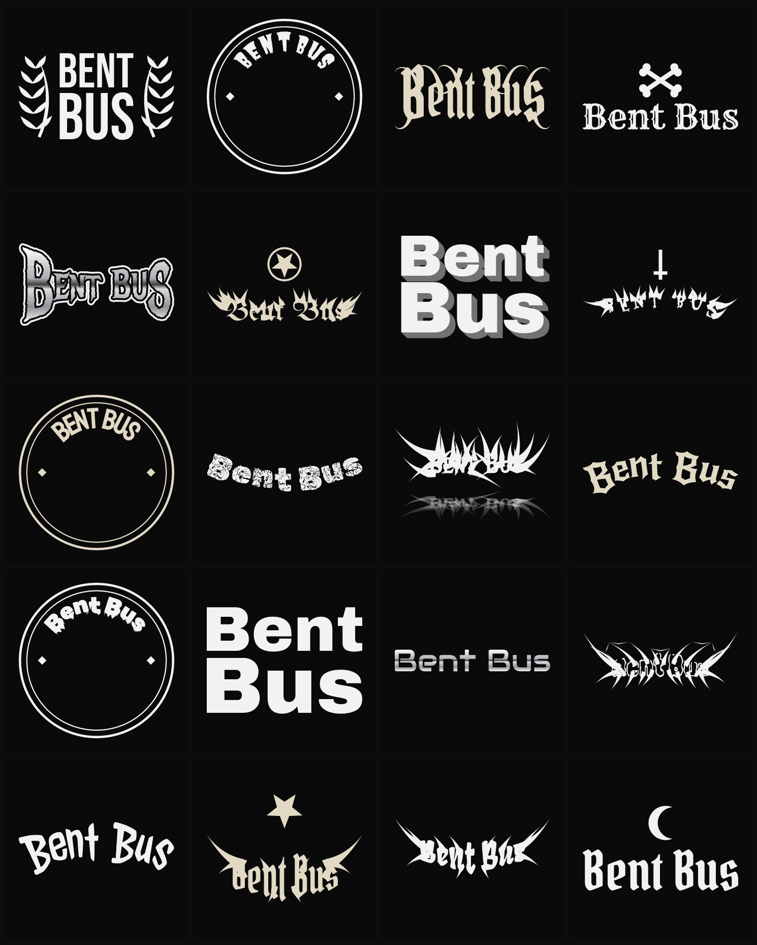 Twenty Bent Bus band logo ideas — different faces, treatments and spike settings