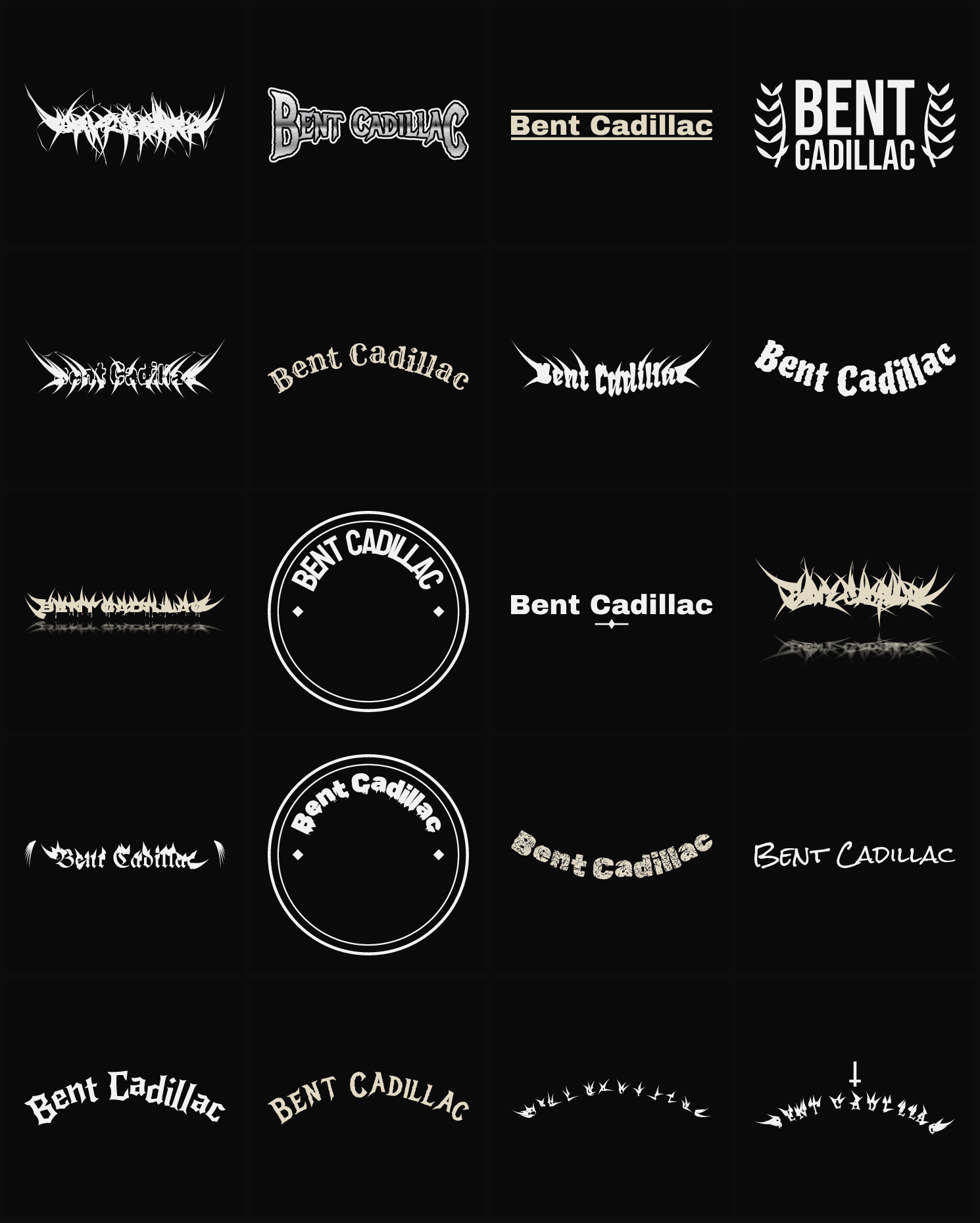 Twenty Bent Cadillac band logo ideas — different faces, treatments and spike settings