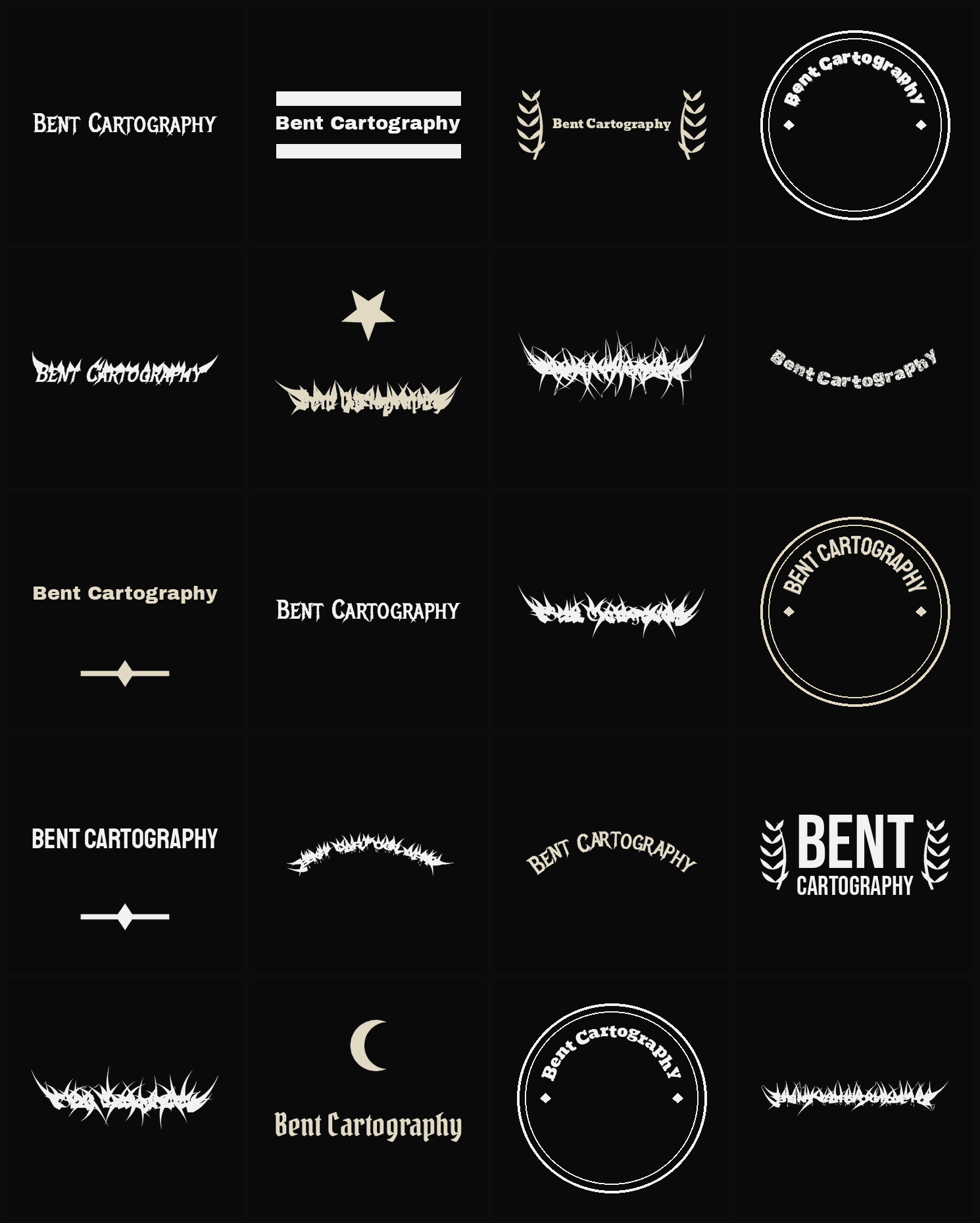 Twenty Bent Cartography band logo ideas — different faces, treatments and spike settings