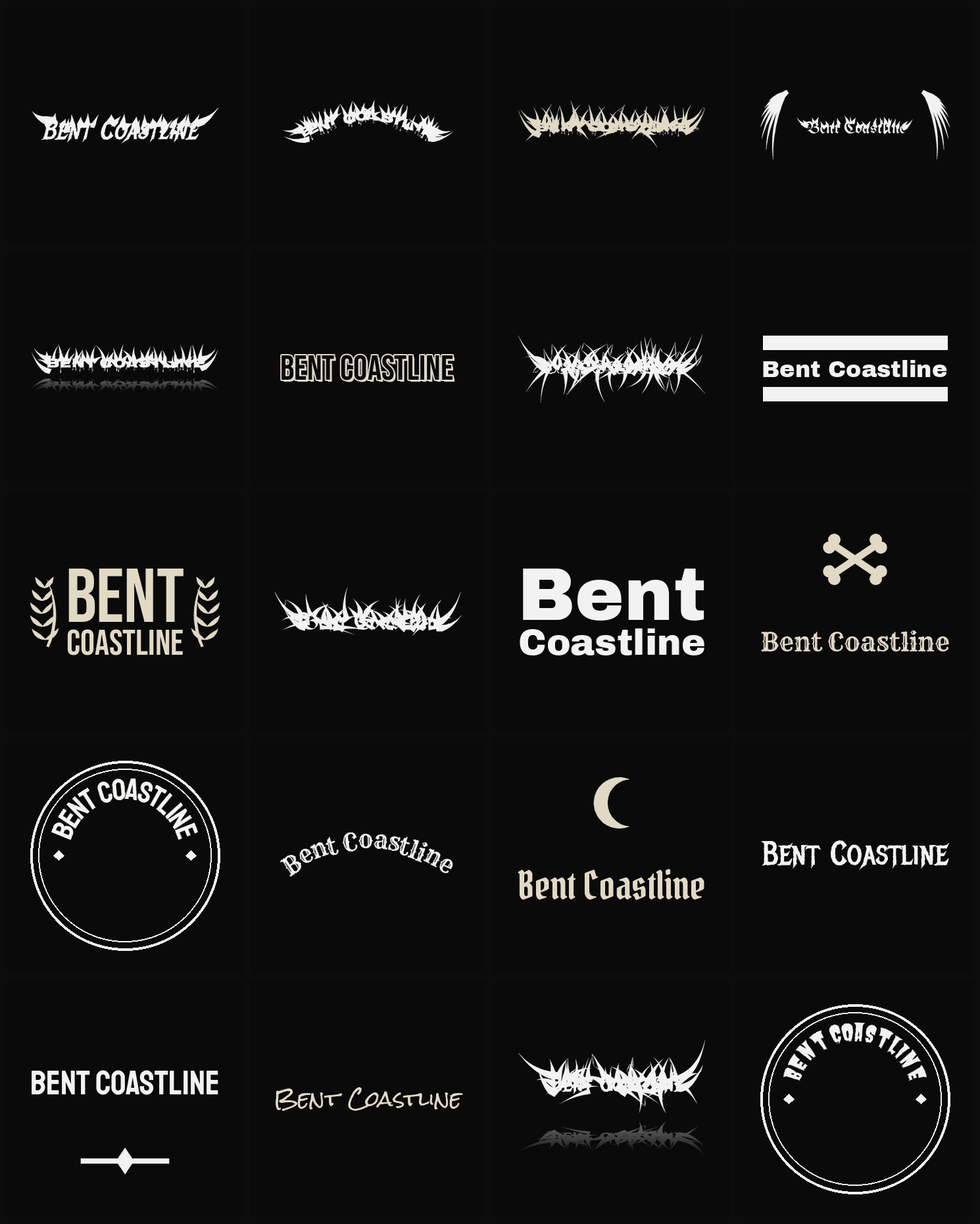 Twenty Bent Coastline band logo ideas — different faces, treatments and spike settings