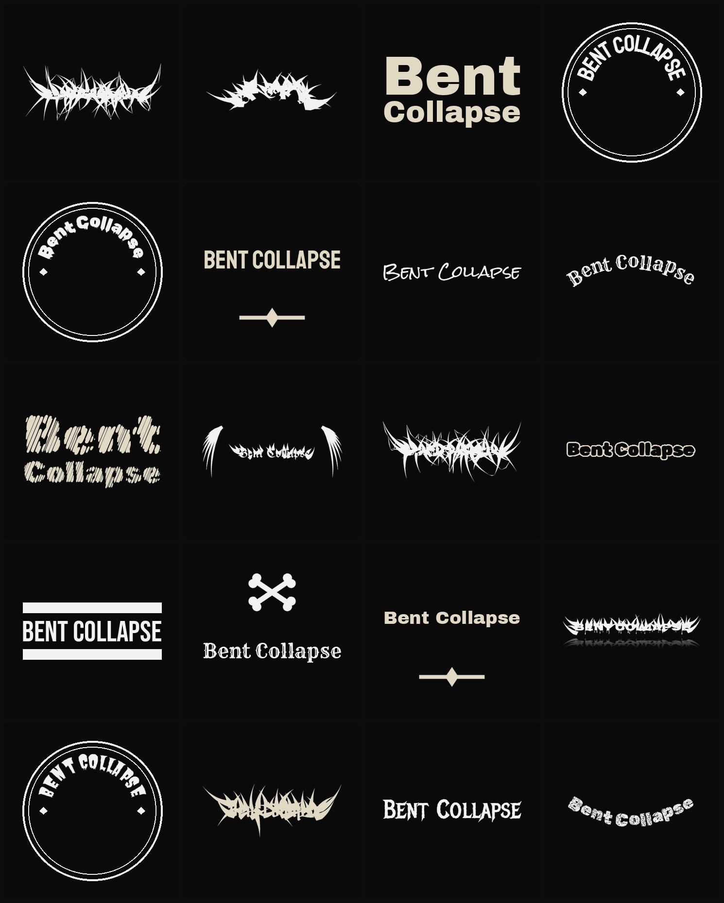 Twenty Bent Collapse band logo ideas — different faces, treatments and spike settings
