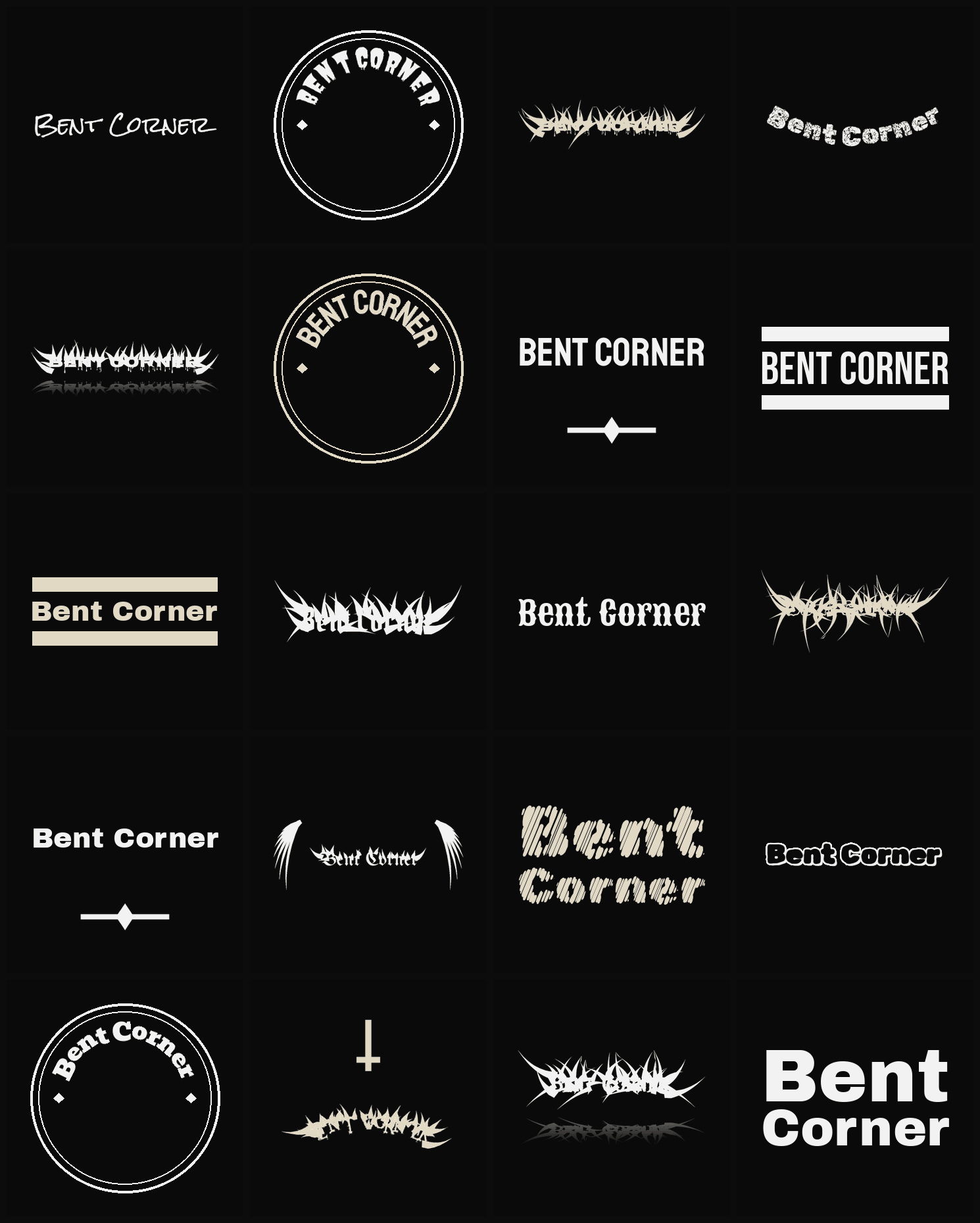 Twenty Bent Corner band logo ideas — different faces, treatments and spike settings