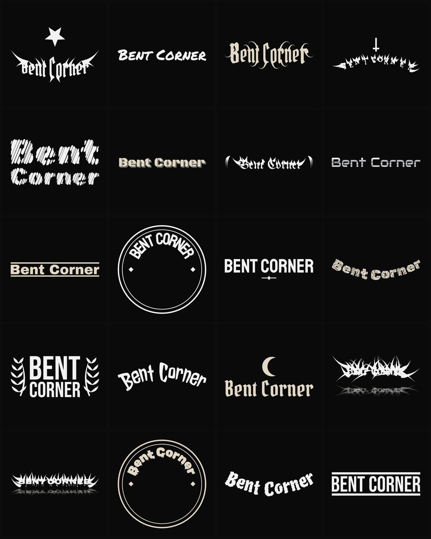 Twenty Bent Corner band logo ideas — different faces, treatments and spike settings