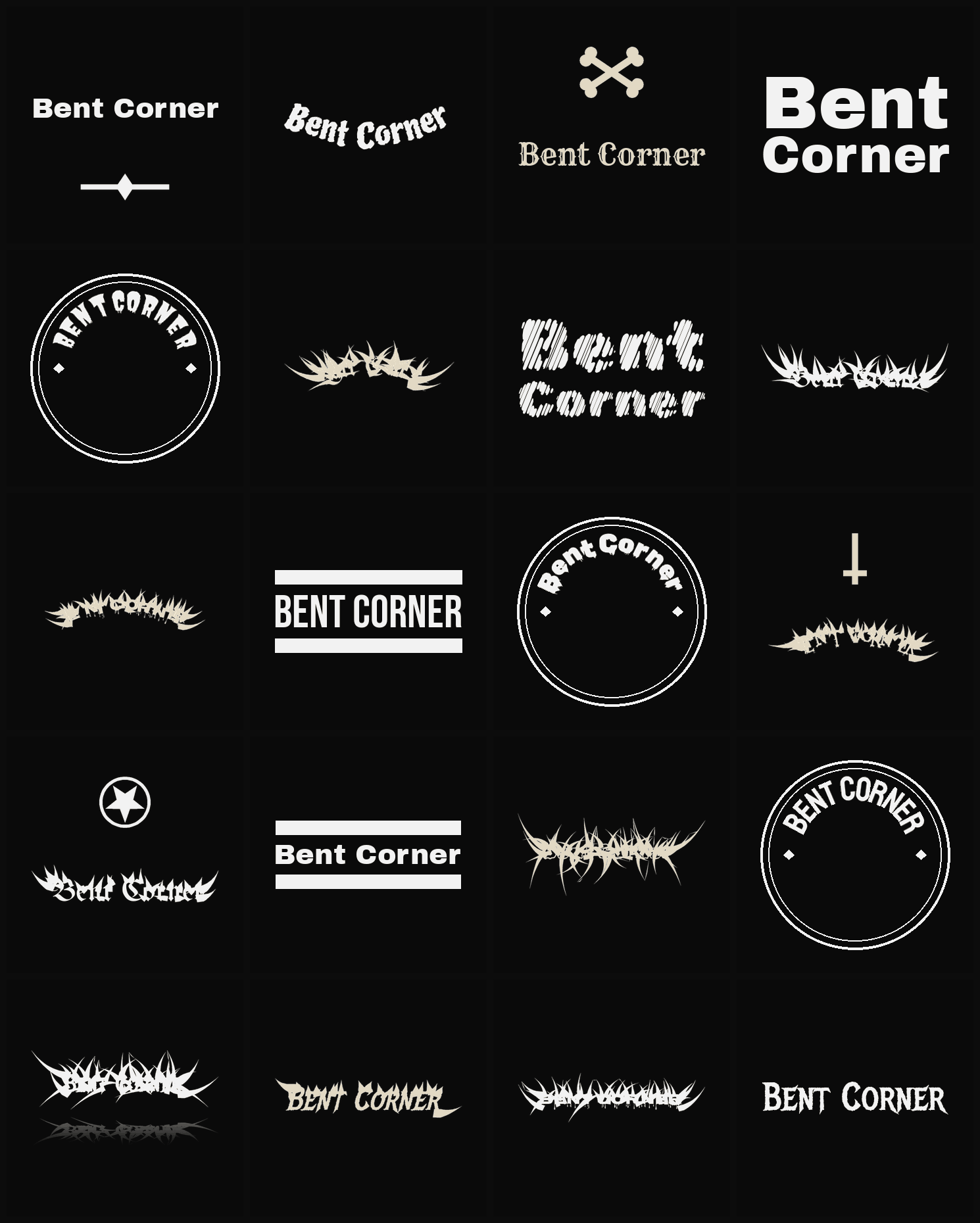Twenty Bent Corner band logo ideas — different faces, treatments and spike settings