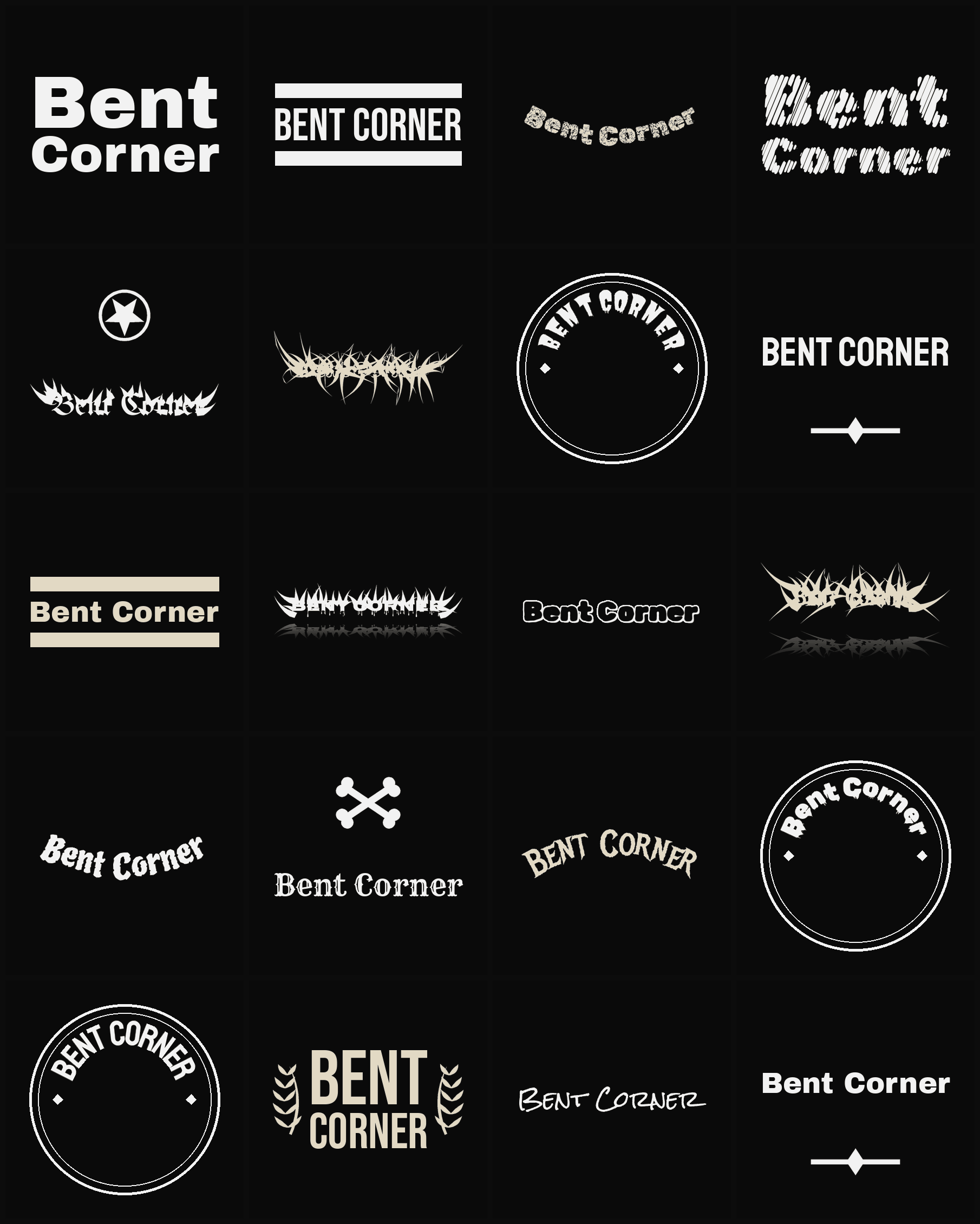 Twenty Bent Corner band logo ideas — different faces, treatments and spike settings