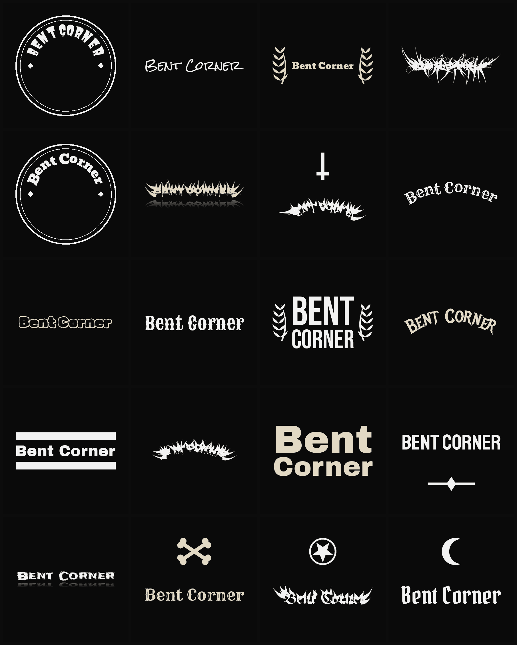 Twenty Bent Corner band logo ideas — different faces, treatments and spike settings