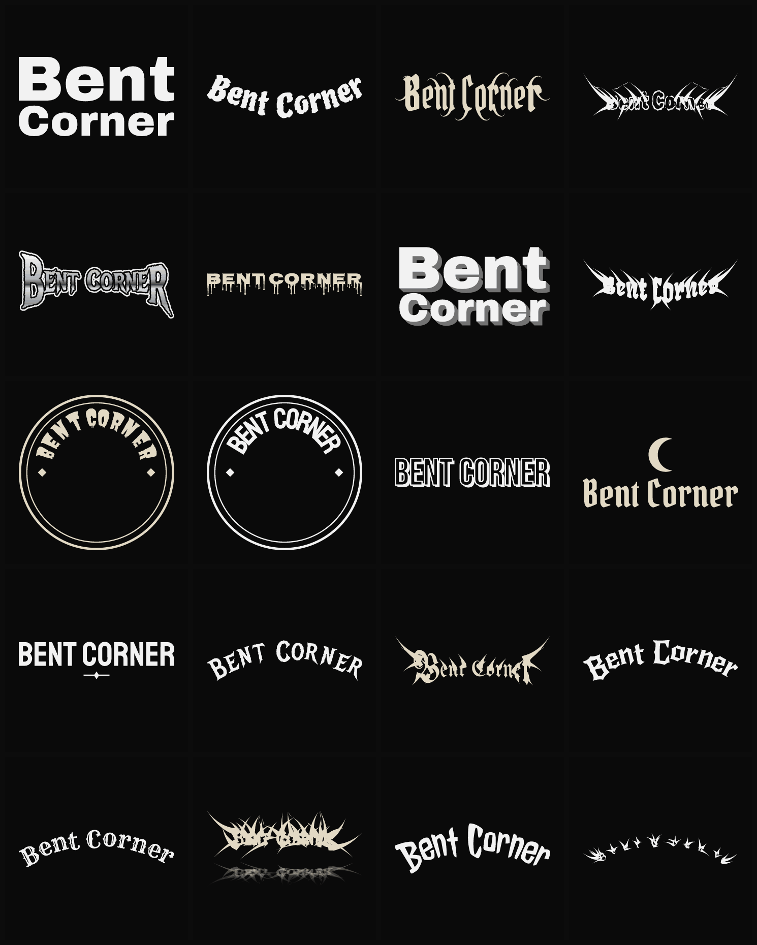 Twenty Bent Corner band logo ideas — different faces, treatments and spike settings