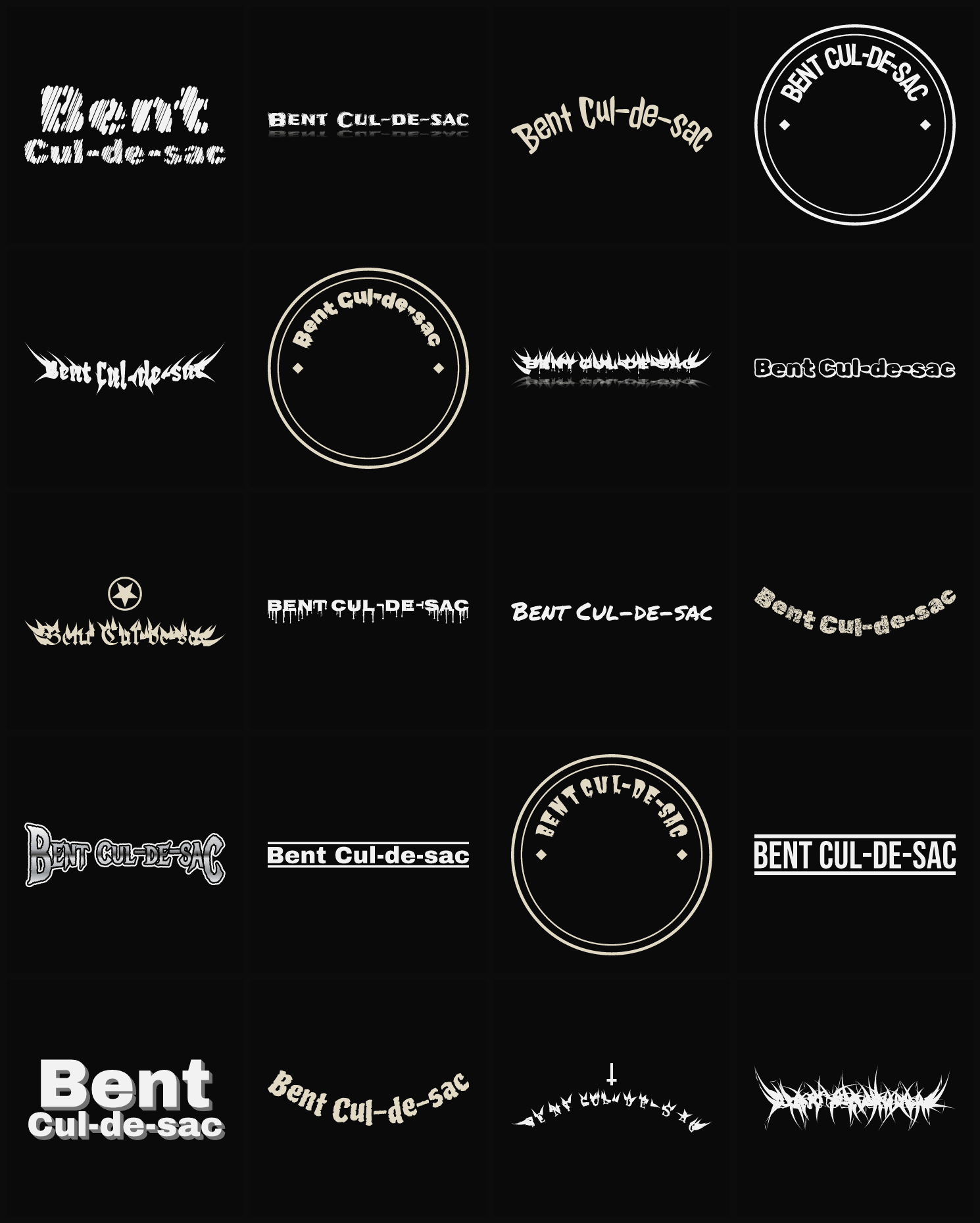 Twenty Bent Cul-de-sac band logo ideas — different faces, treatments and spike settings
