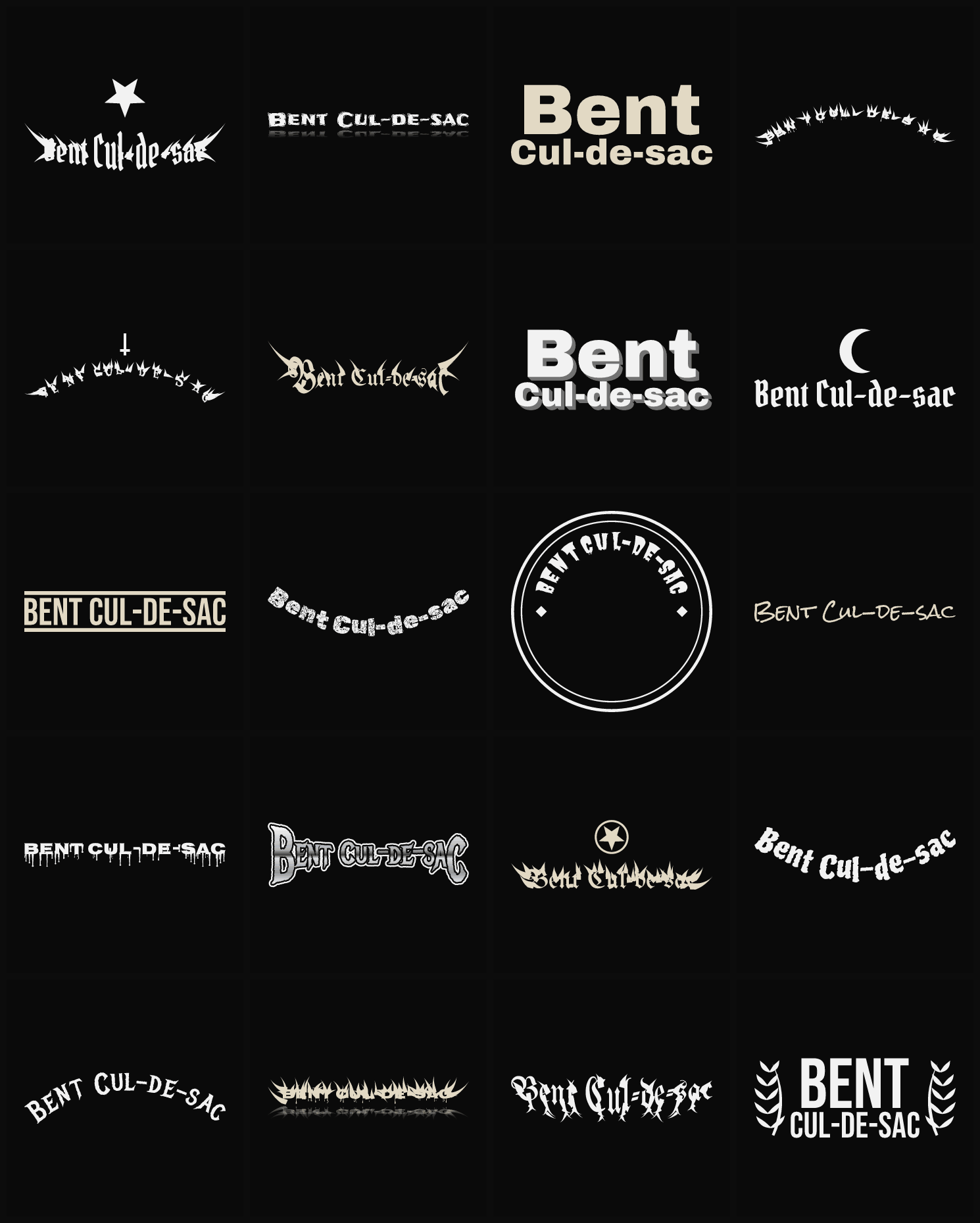 Twenty Bent Cul-de-sac band logo ideas — different faces, treatments and spike settings