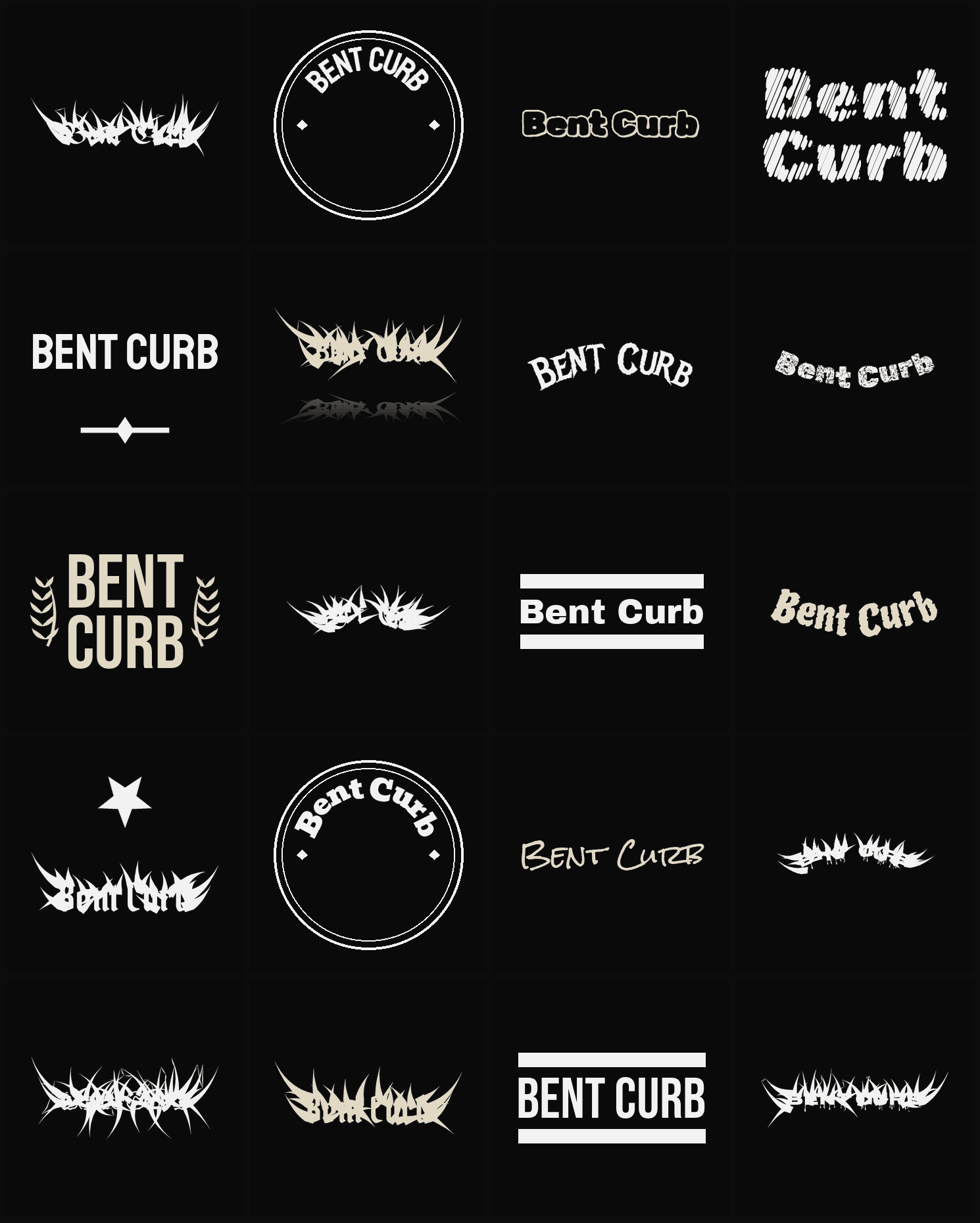 Twenty Bent Curb band logo ideas — different faces, treatments and spike settings