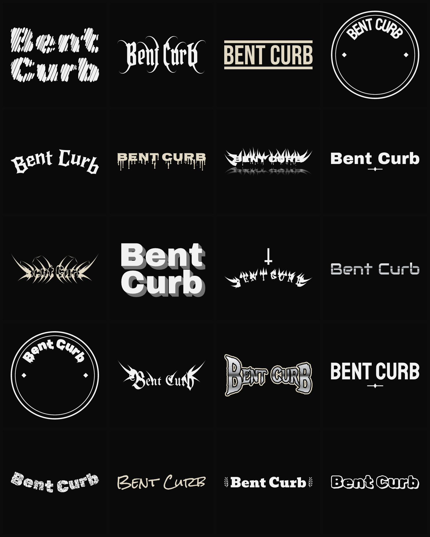 Twenty Bent Curb band logo ideas — different faces, treatments and spike settings