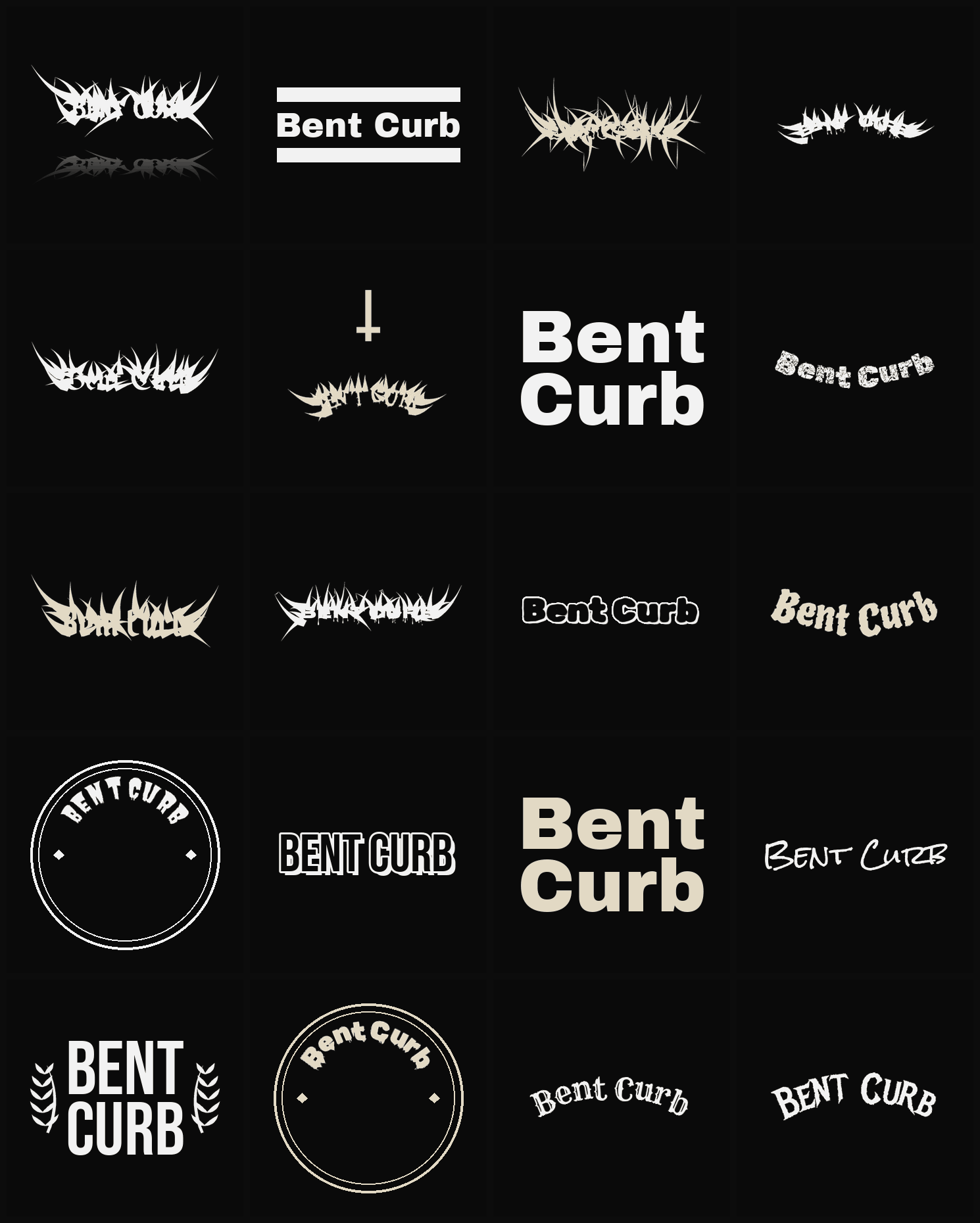 Twenty Bent Curb band logo ideas — different faces, treatments and spike settings