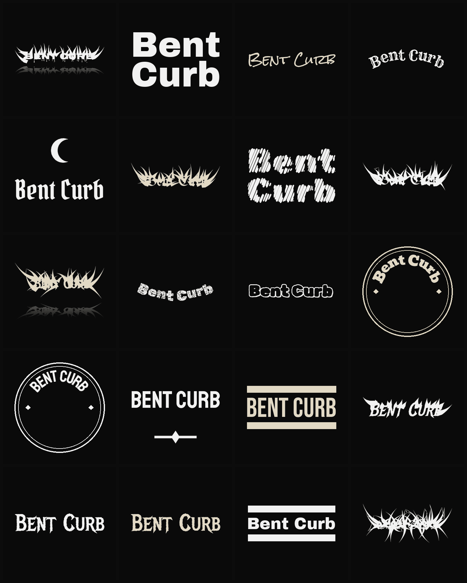 Twenty Bent Curb band logo ideas — different faces, treatments and spike settings