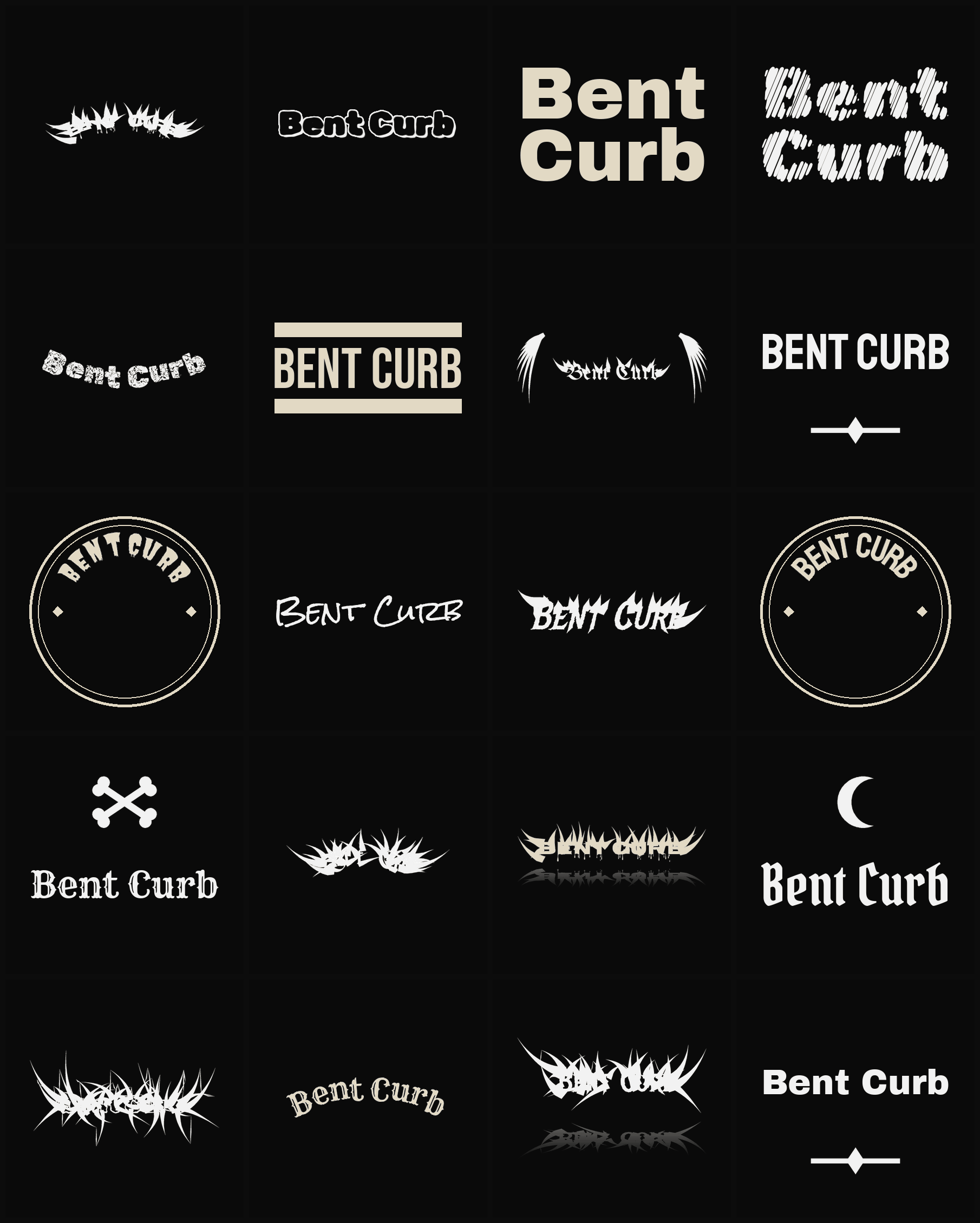 Twenty Bent Curb band logo ideas — different faces, treatments and spike settings