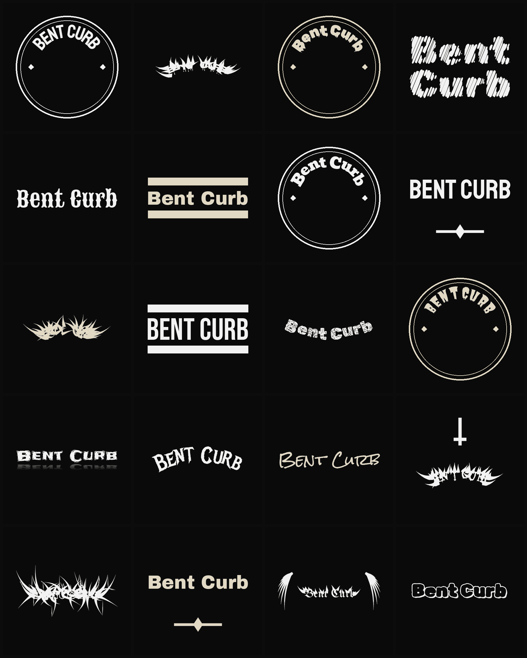 Twenty Bent Curb band logo ideas — different faces, treatments and spike settings