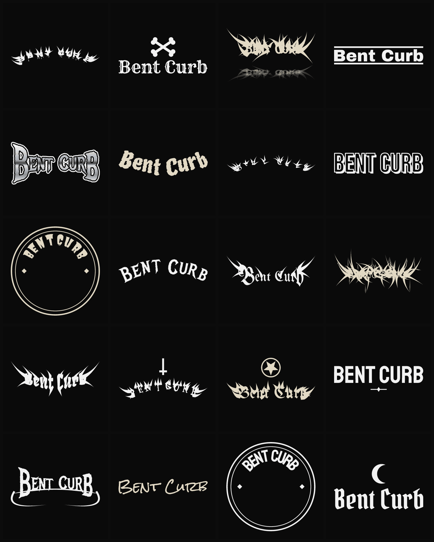 Twenty Bent Curb band logo ideas — different faces, treatments and spike settings