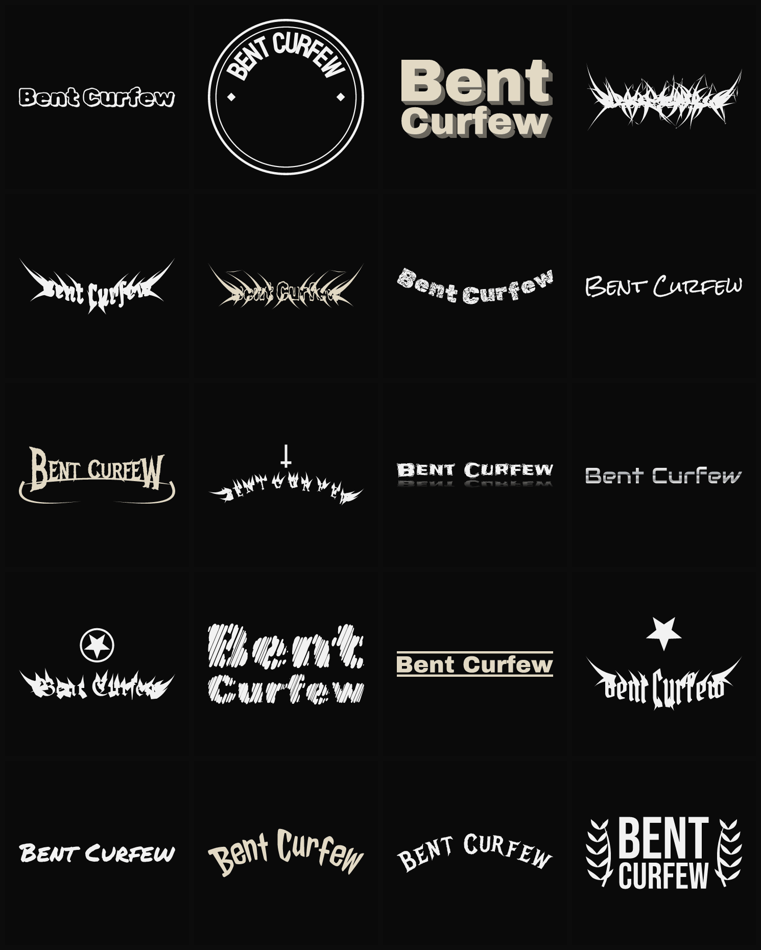 Twenty Bent Curfew band logo ideas — different faces, treatments and spike settings